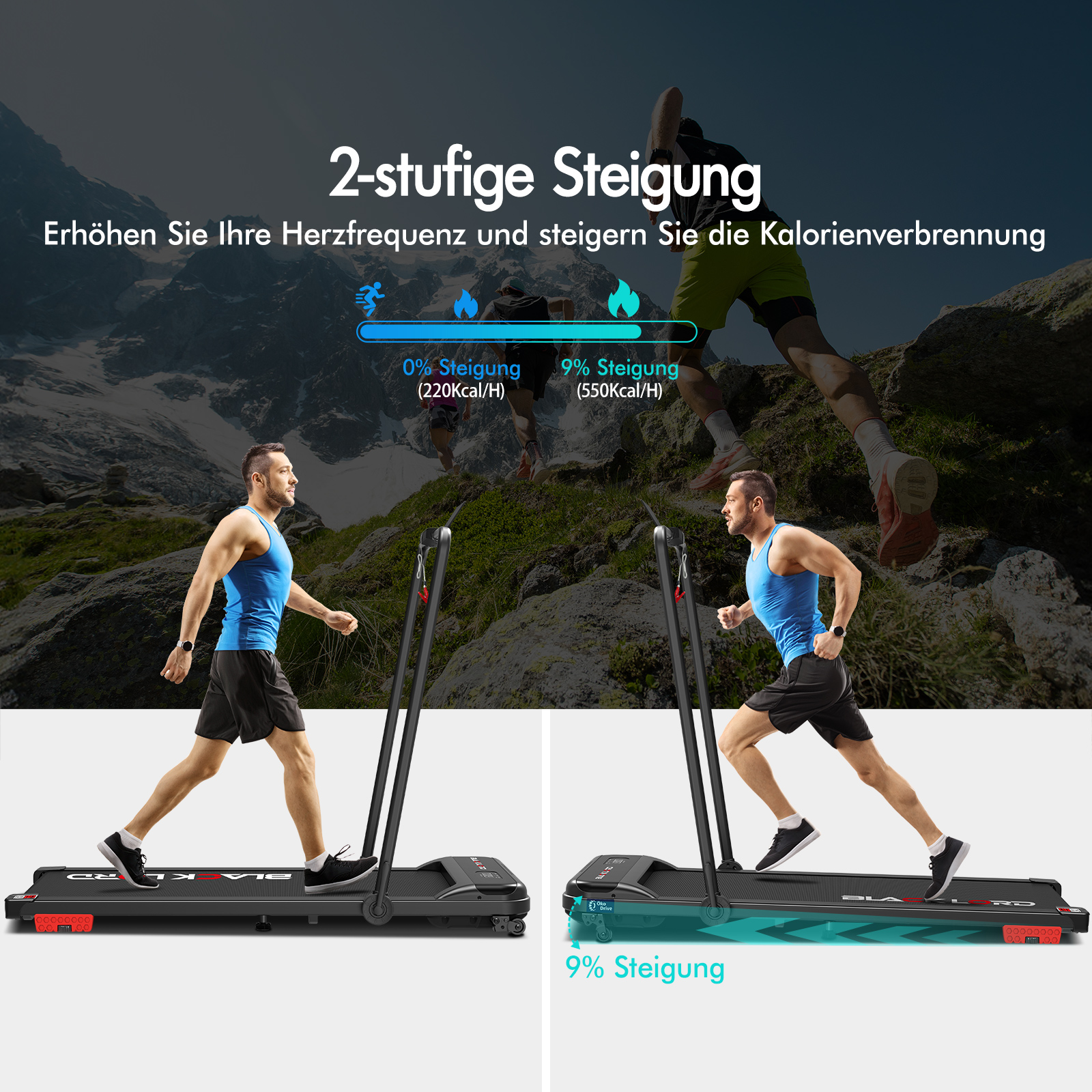 Ein Mann trainiert auf einem Laufband mit zweistufiger Steigung in einer Berglandschaft.