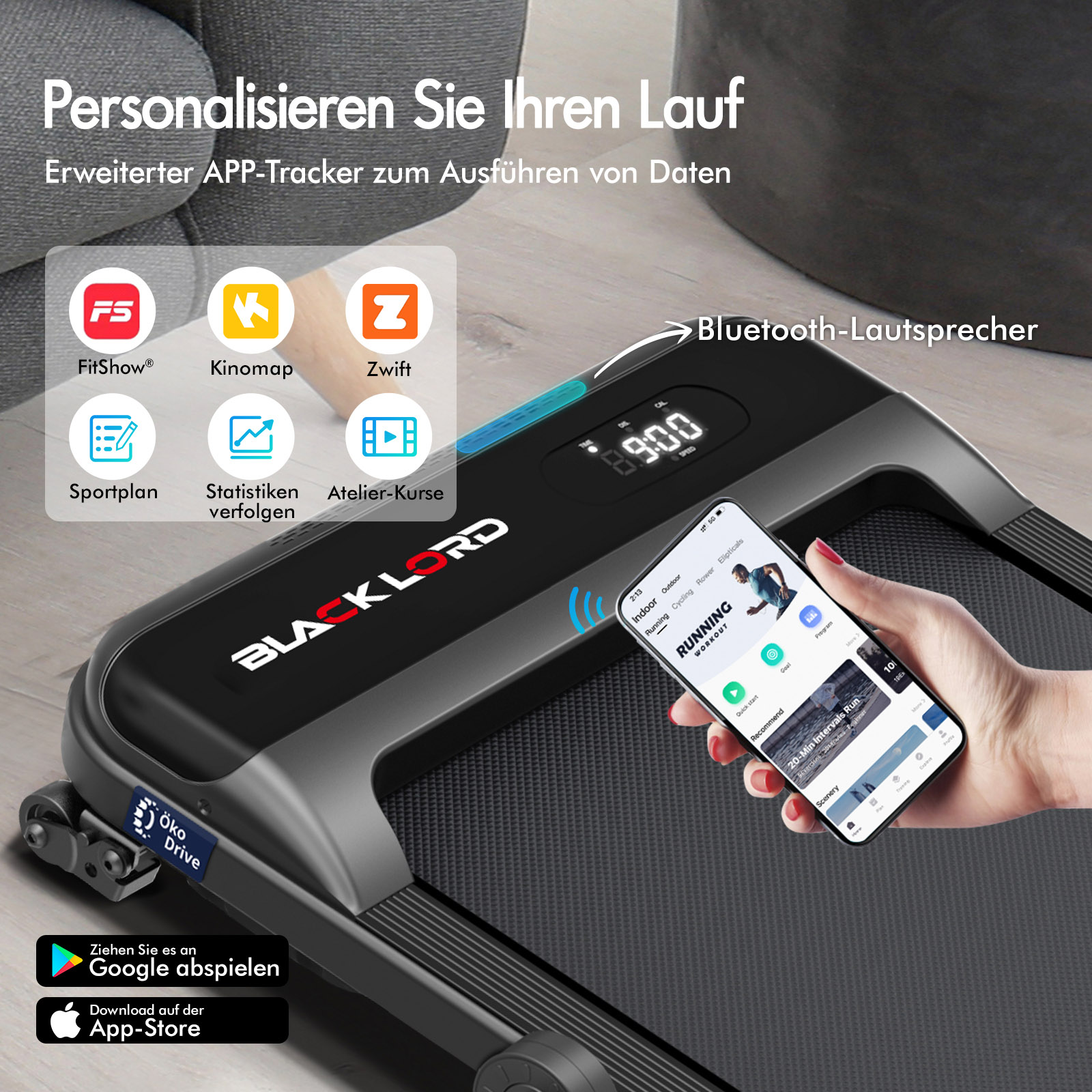 Schwarzes Laufband mit Smartphone-App-Verbindung und App-Symbolen in einer Innenumgebung.