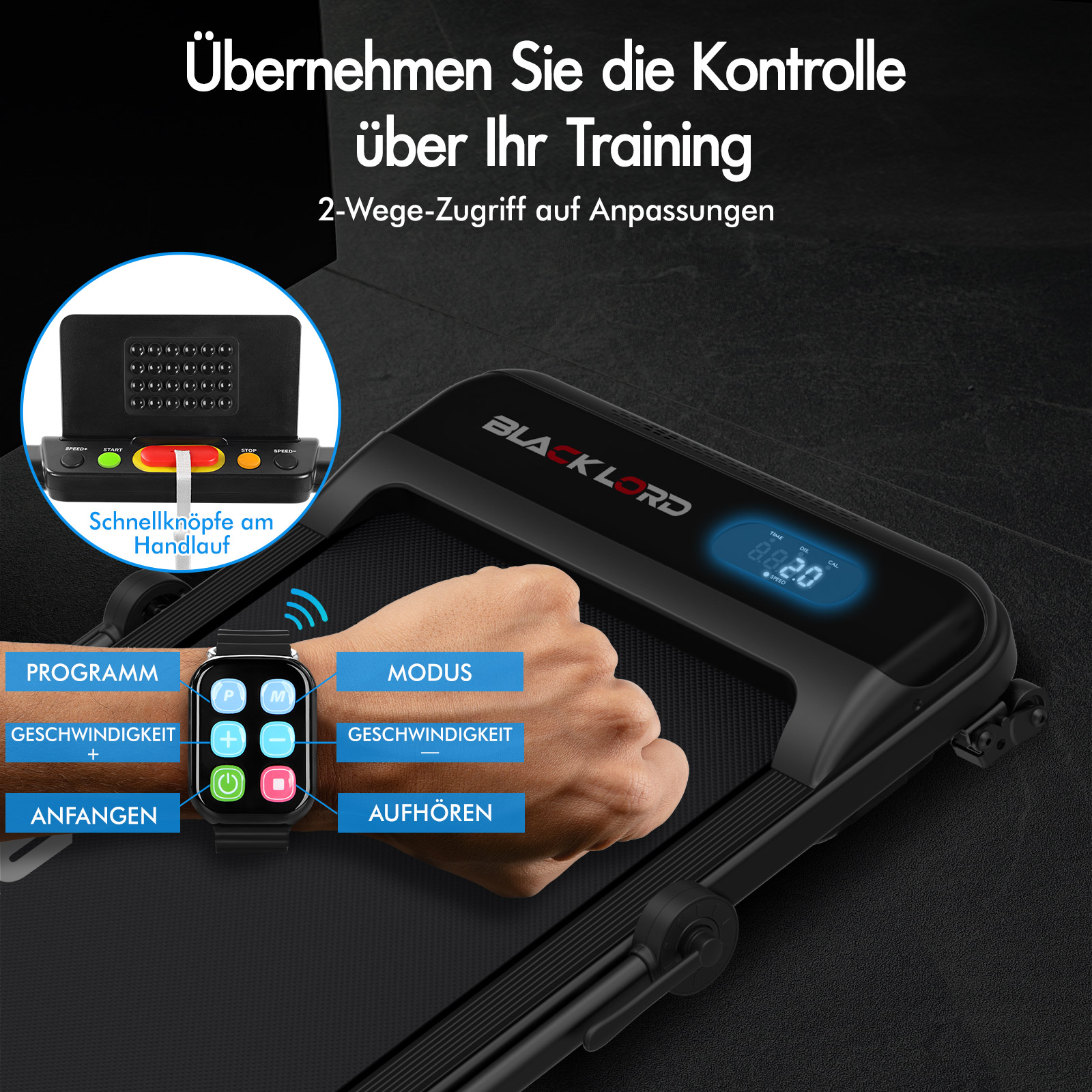 Laufband mit schwarzem Design, digitaler Anzeige und Steuerung über eine Handgelenkfernbedienung.