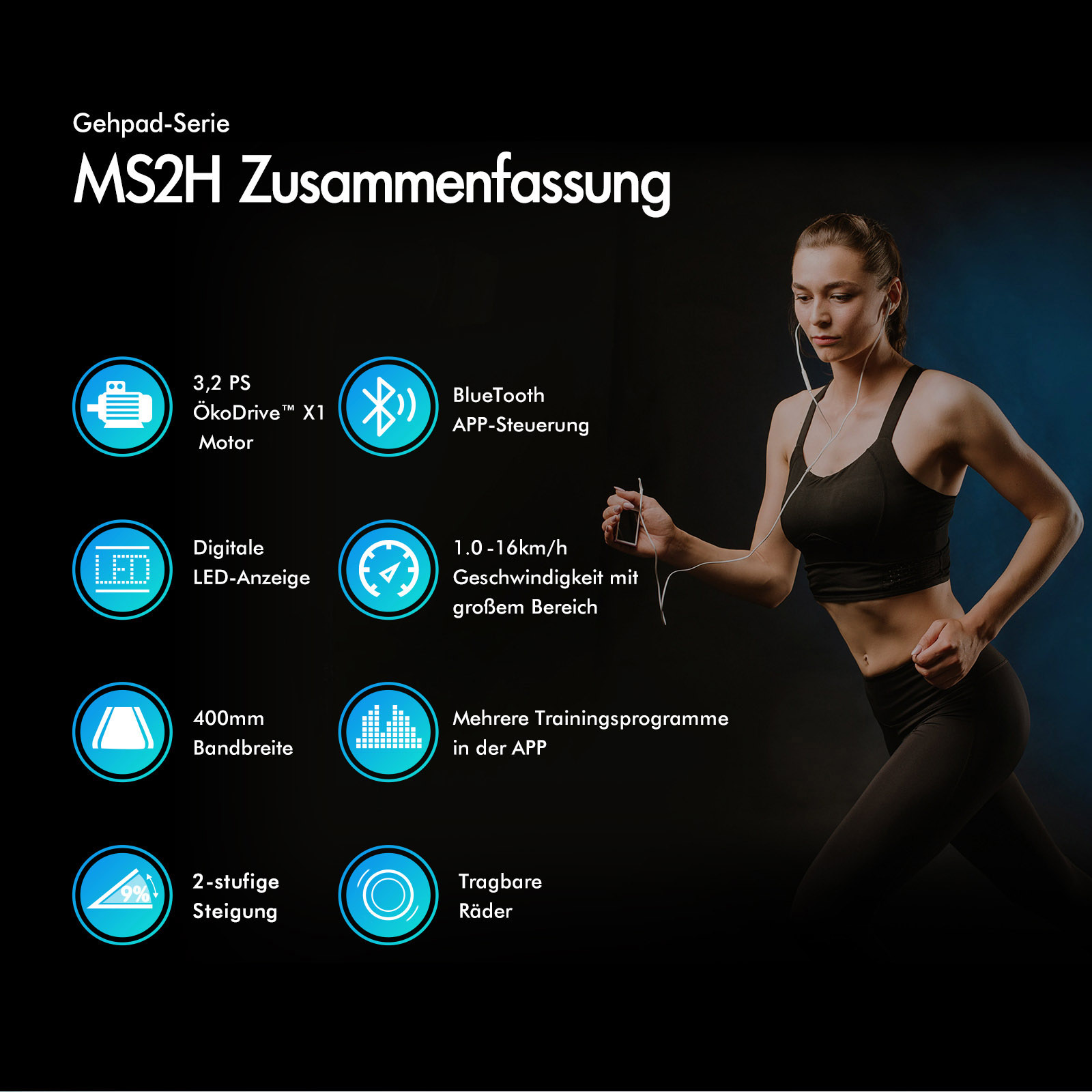 Eine Frau joggt vor schwarzem Hintergrund mit Produktfeatures des MS2H Gehpad.