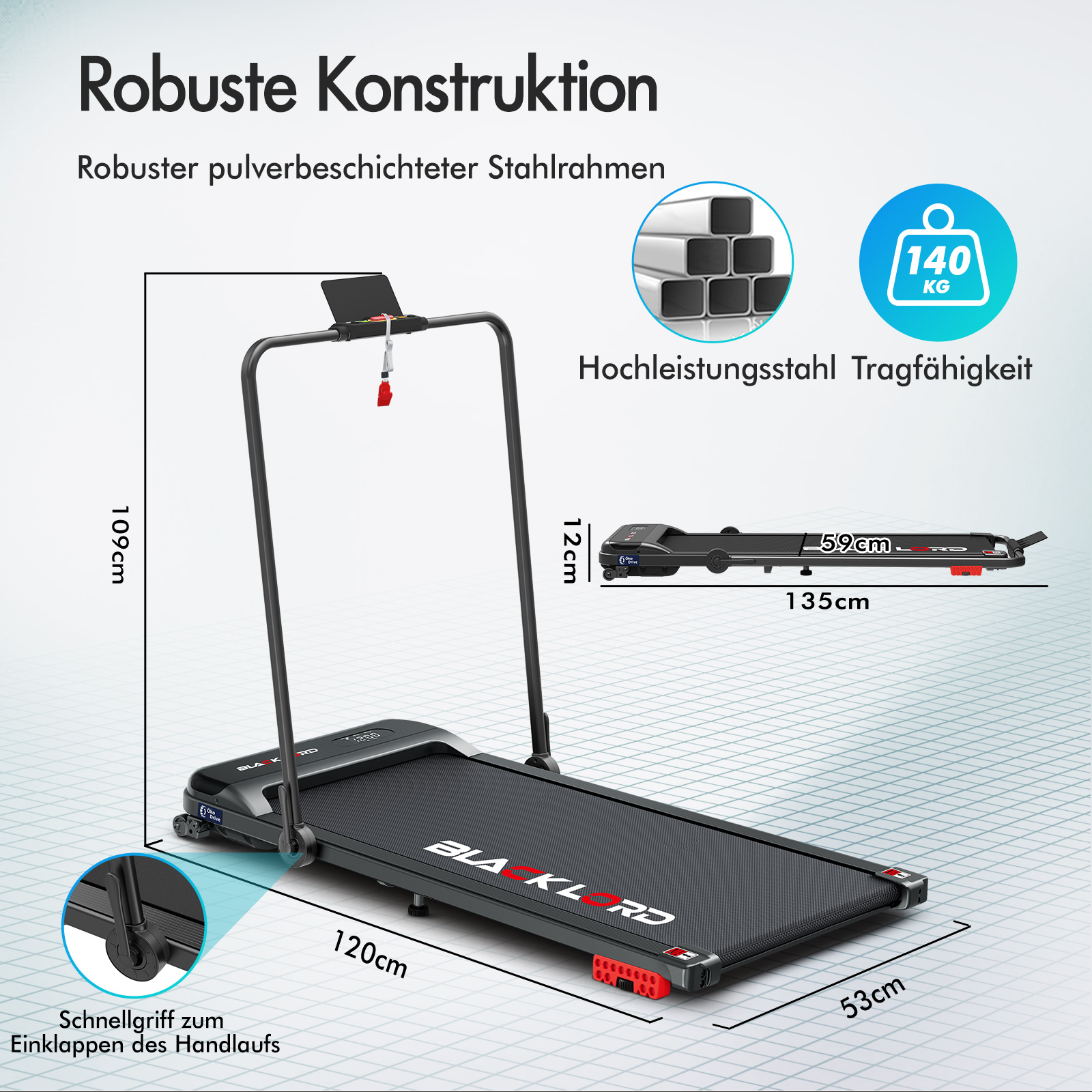 Laufband mit robustem Stahlrahmen, Maßen, 140 kg Tragkraft und klappbarem Handlauf auf grauem Hintergrund.