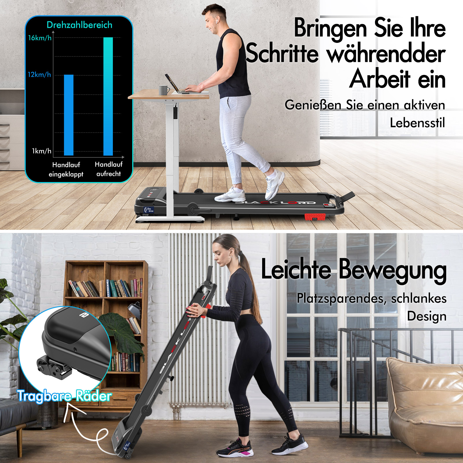 Ein Mann arbeitet an einem Stehschreibtisch auf einem Laufband; darunter bewegt eine Frau das klappbare Laufband.