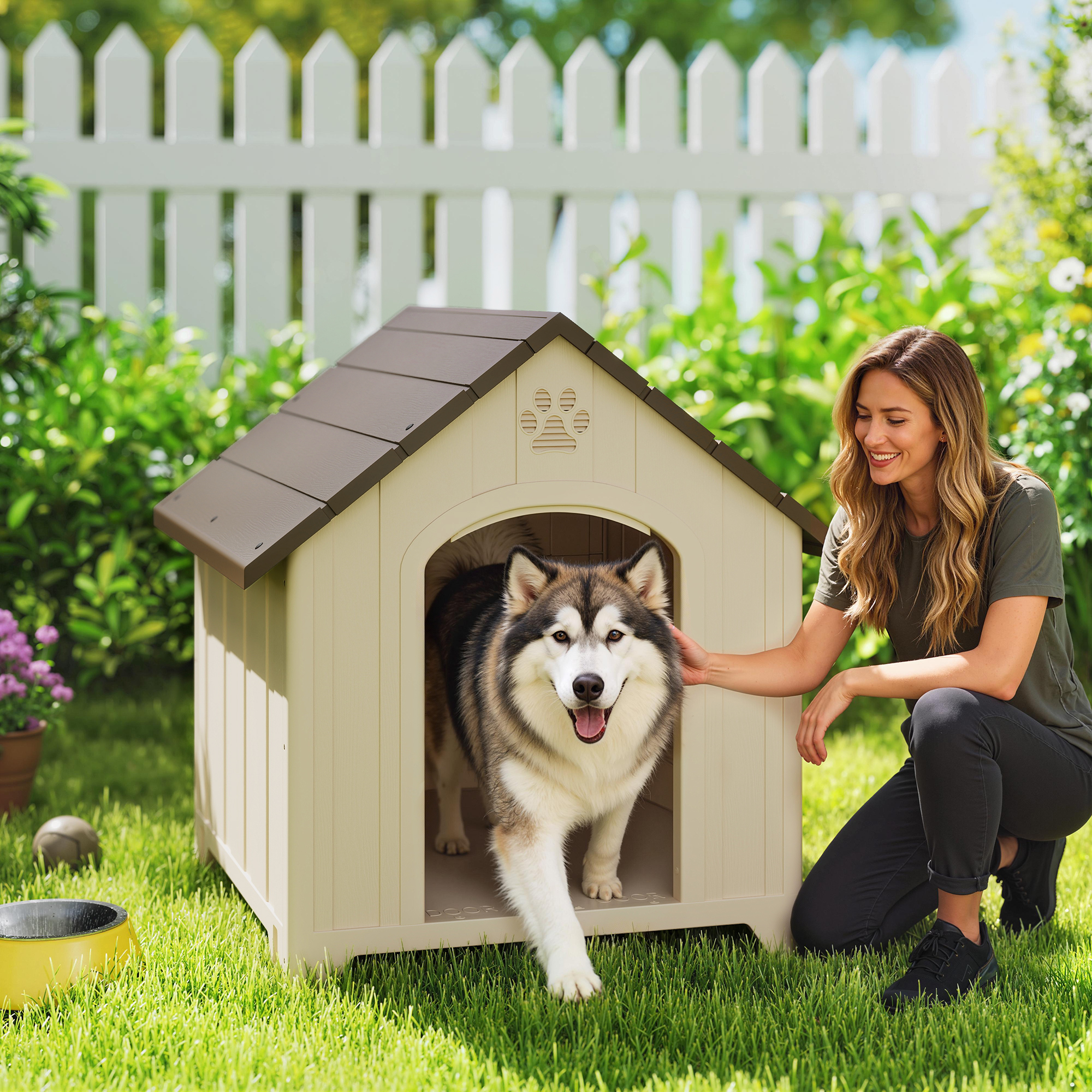 Una mujer se arrodilla junto a una caseta mientras sale un husky, con una cerca blanca al fondo.