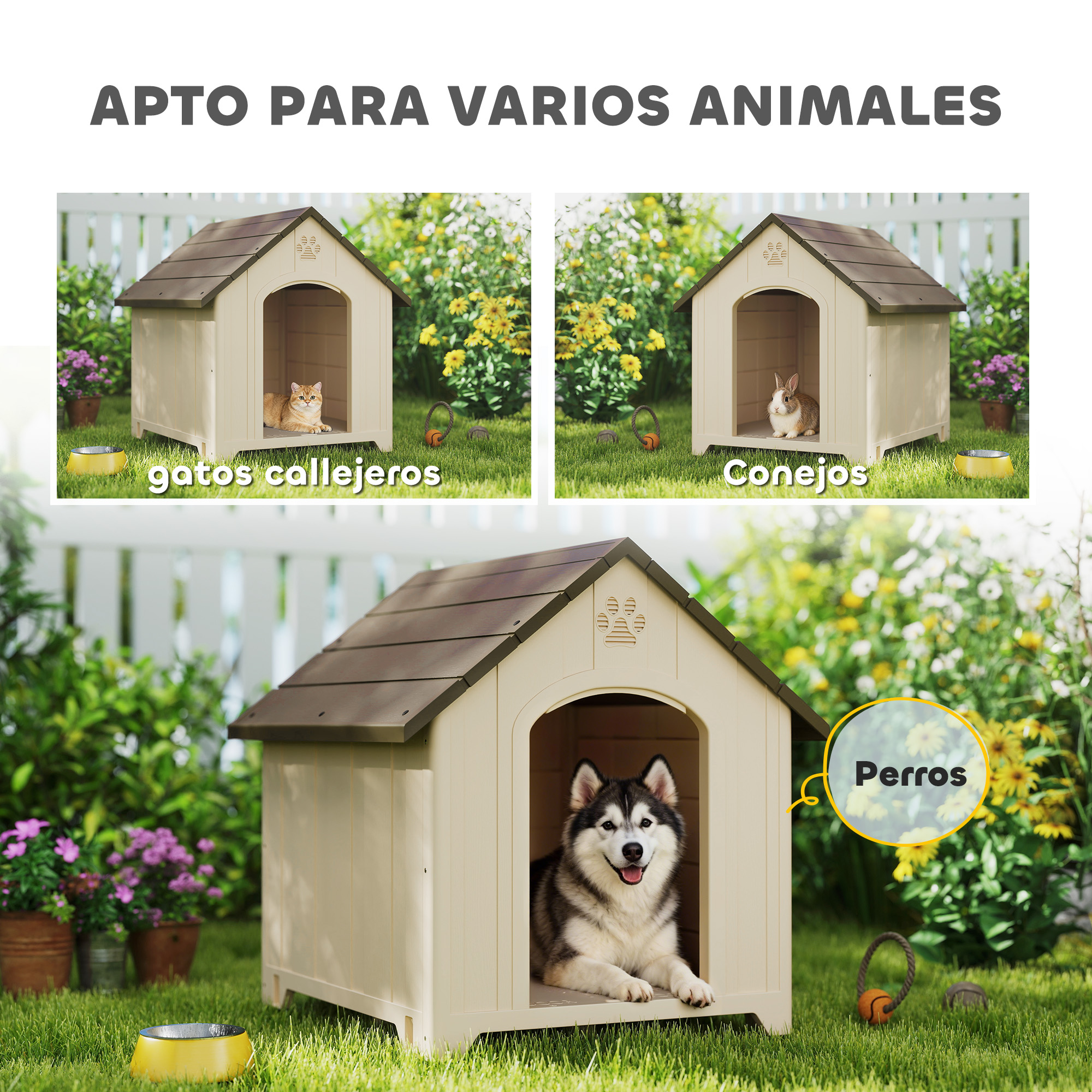 Una caseta de plástico para mascotas con un gato, un conejo y un perro en diferentes jardines.