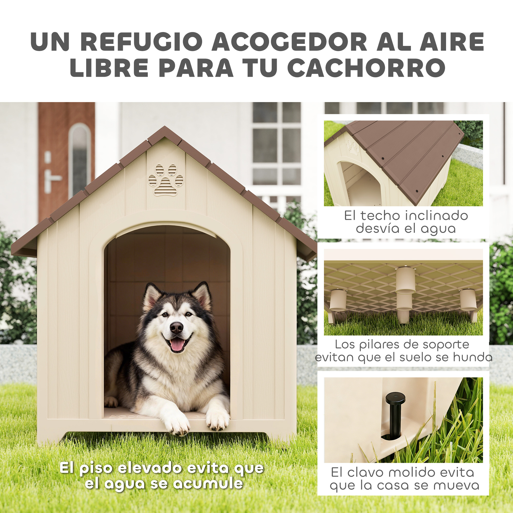 Un Husky descansa en una caseta de plástico para perros con detalles de su techo, piso elevado y anclajes.