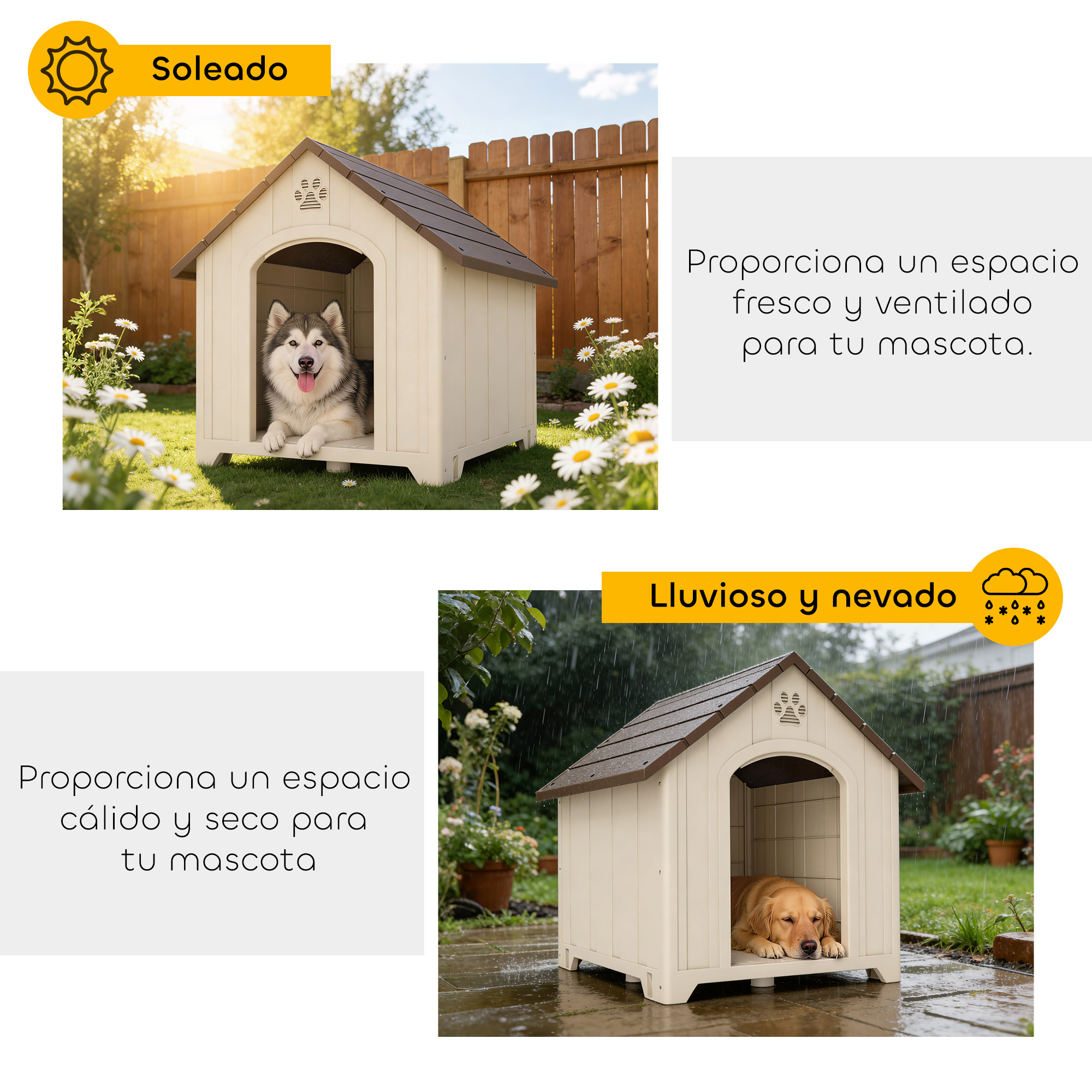 Una caseta de plástico para perros en dos escenas: soleada con un husky y lluviosa con un golden retriever.