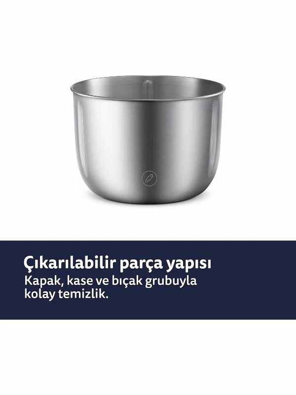 Beyaz arka planda paslanmaz çelik kase ve altında metin paneli.
