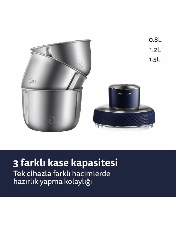 Beyaz arka planda mavi ve gümüş renkli motor tabanı olan üç farklı boyutta paslanmaz çelik kase.