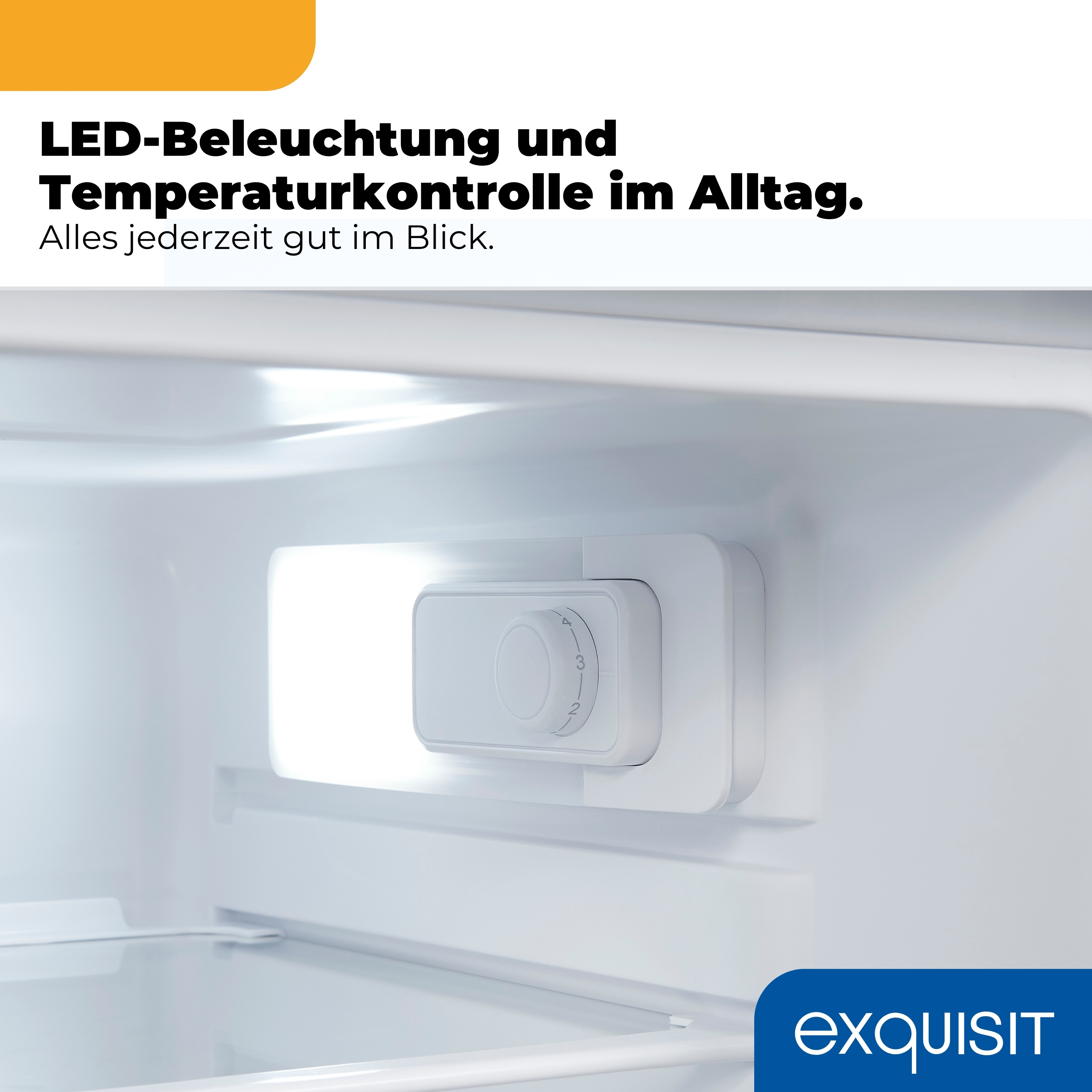 Innenraum eines weißen Kühlschranks mit LED-Beleuchtung und Temperaturregler.