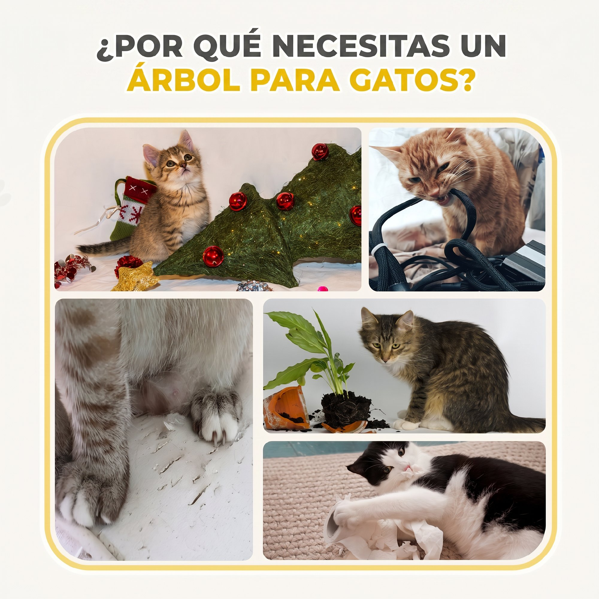 Collage de gatos haciendo travesuras, como morder cables, arañar muebles y romper plantas.