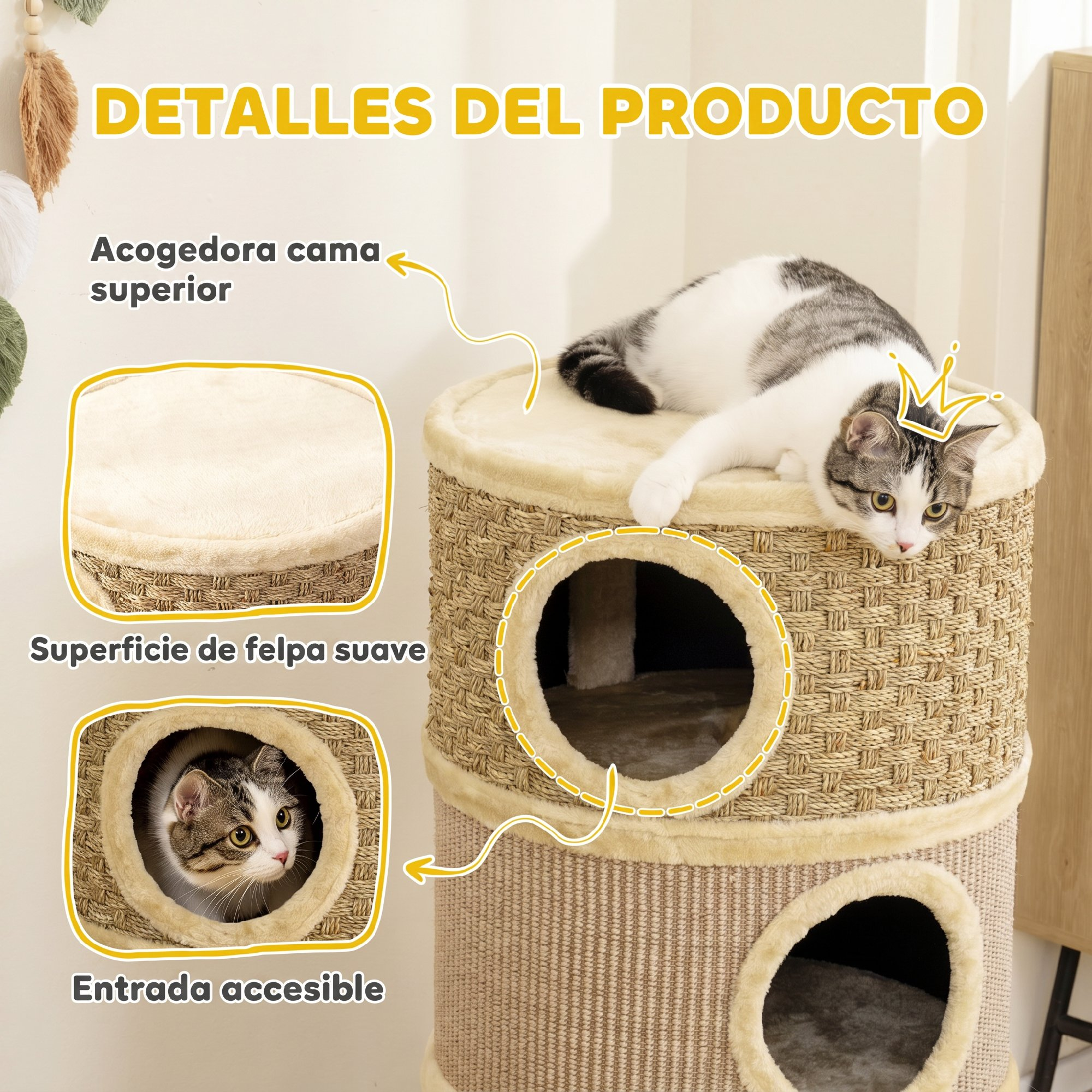 Un árbol para gatos tejido con cama superior suave, dos aberturas y etiquetas de características.