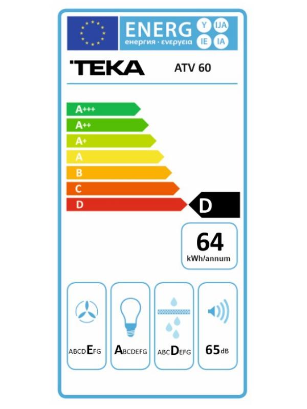D sınıfı ve yıllık 64 kWh gösteren Teka ATV 60 enerji etiketi.