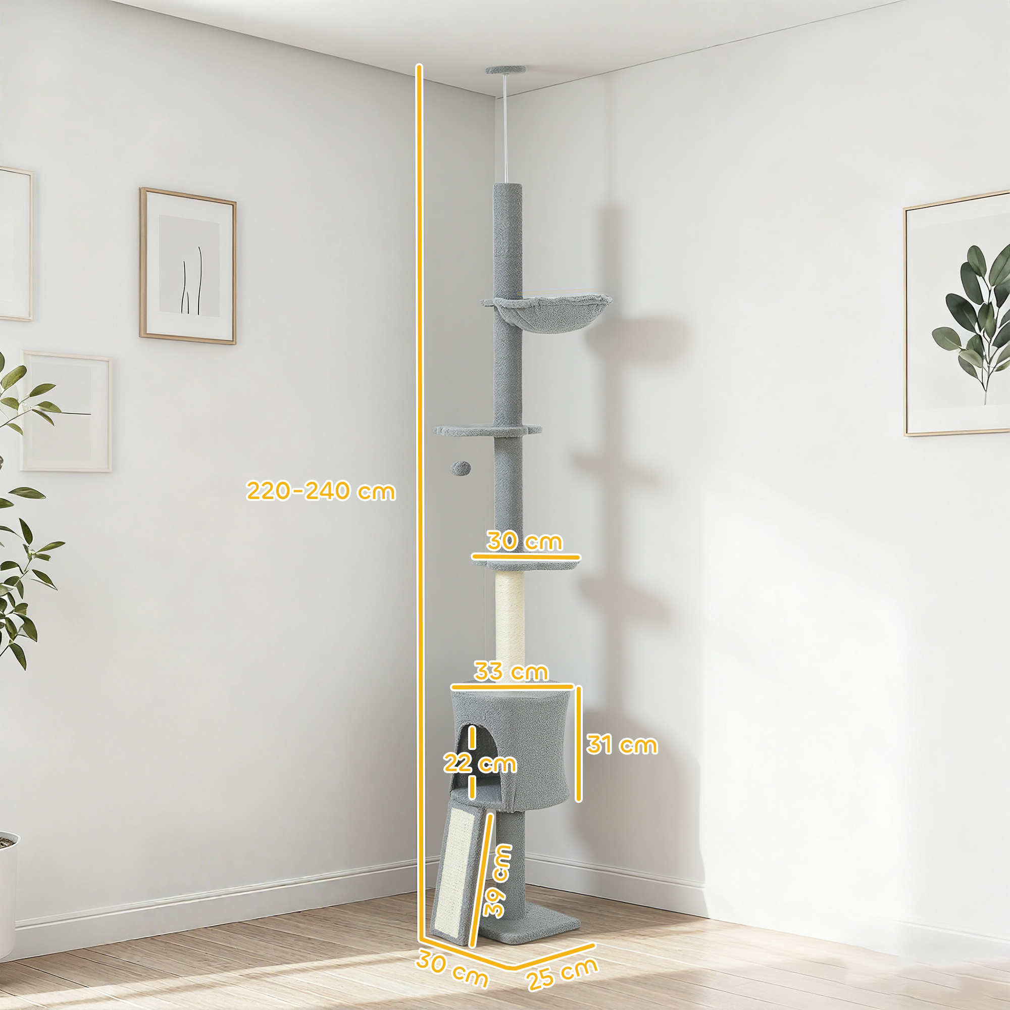Árbol para gatos alto y gris en una habitación blanca con medidas.