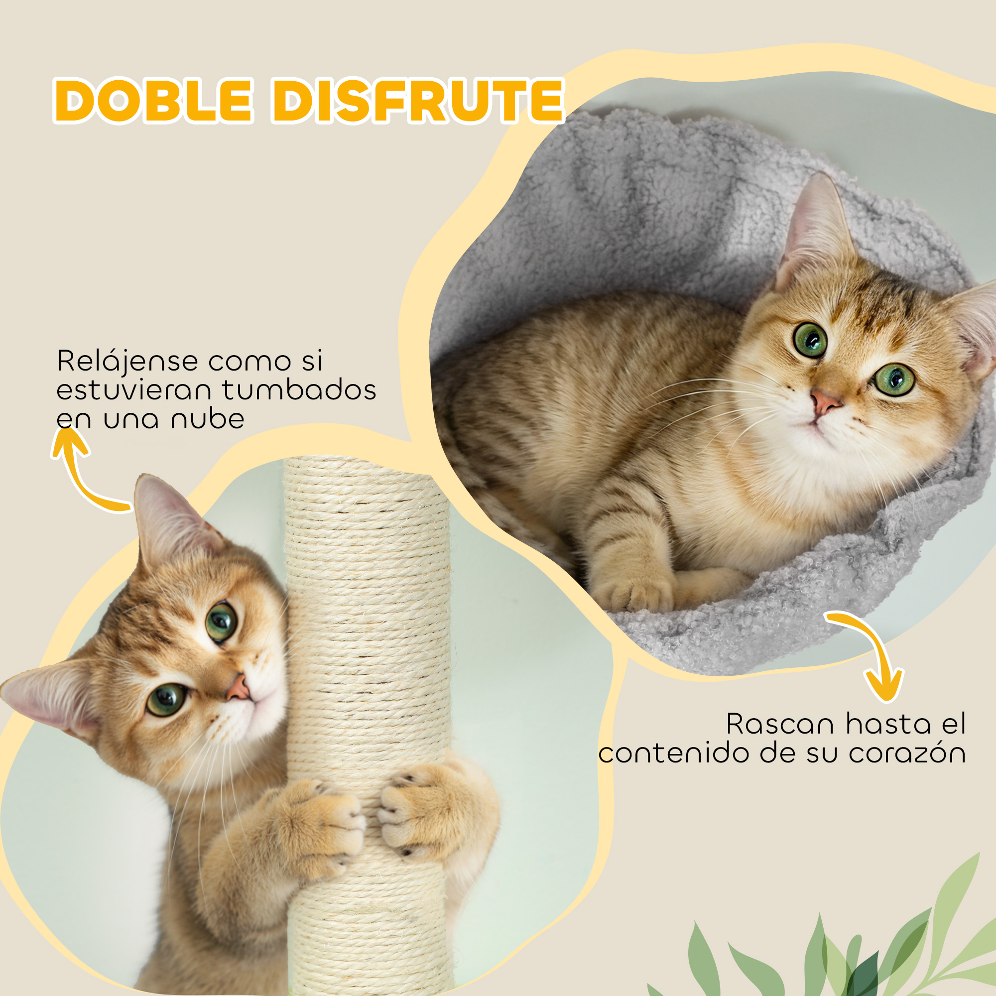 Un gato araña un poste de sisal y otro descansa en una cama gris y esponjosa.