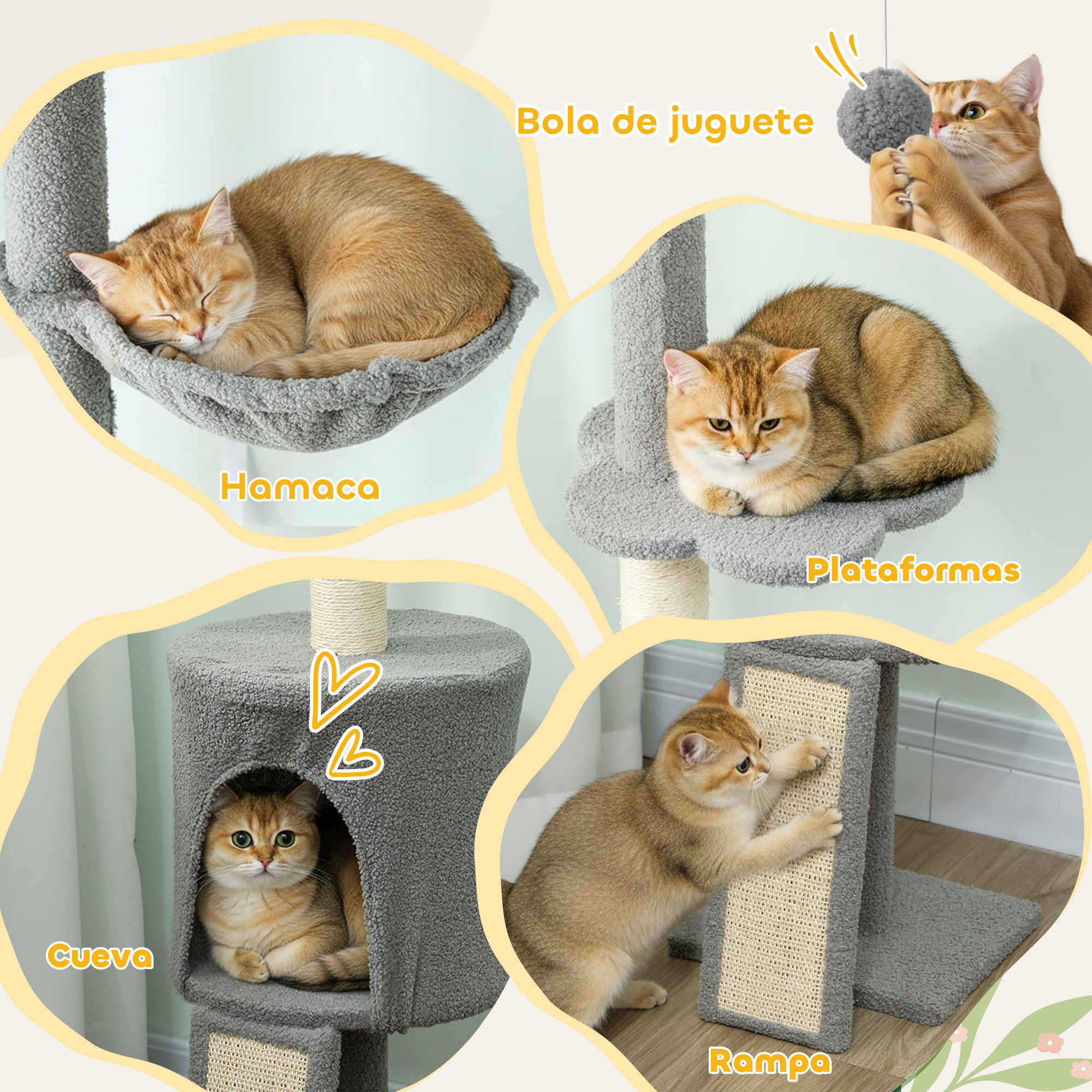 Un collage muestra a un gato naranja en un rascador gris durmiendo, jugando y rascando.