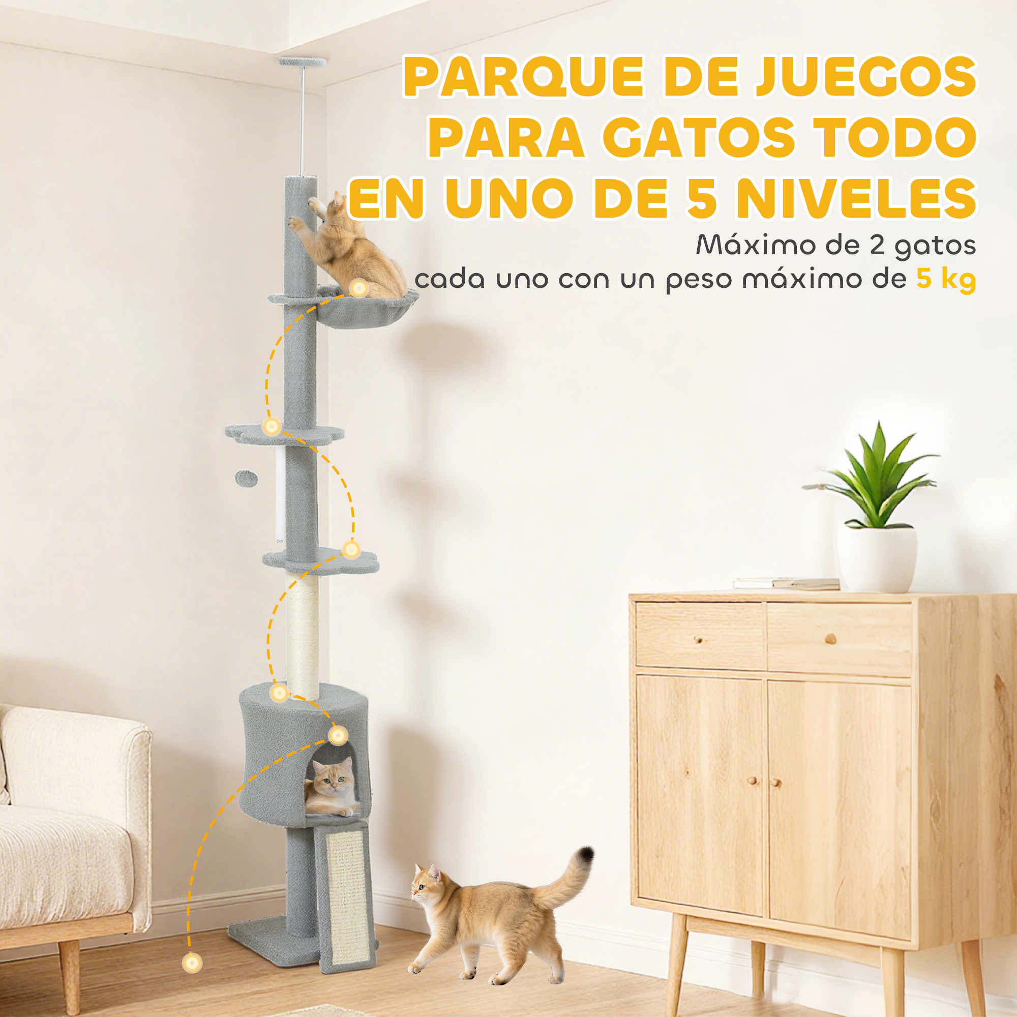 Un rascador para gatos alto y gris de cinco niveles con dos gatos y texto en español al fondo.