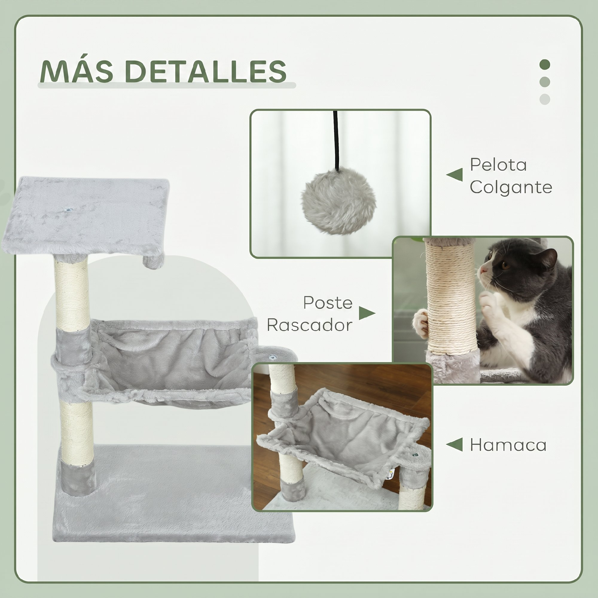 Infografía que muestra las características de un árbol para gatos gris, incluyendo pelota, poste y hamaca.