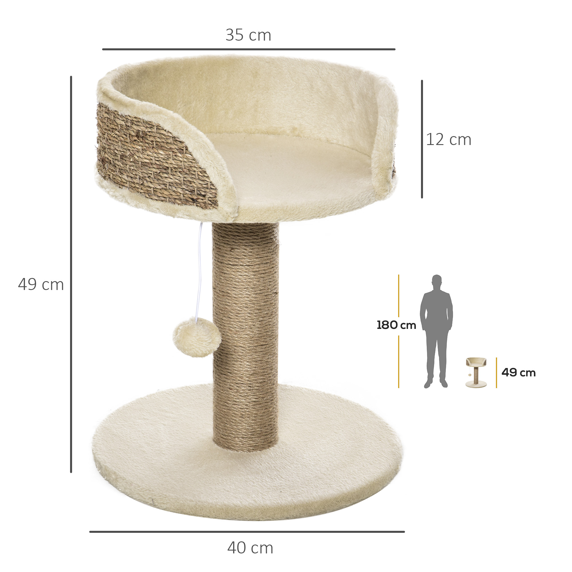 Rascador para gatos beige con cama, poste de sisal y dimensiones 35x40x49 cm, con referencia de tamaño.