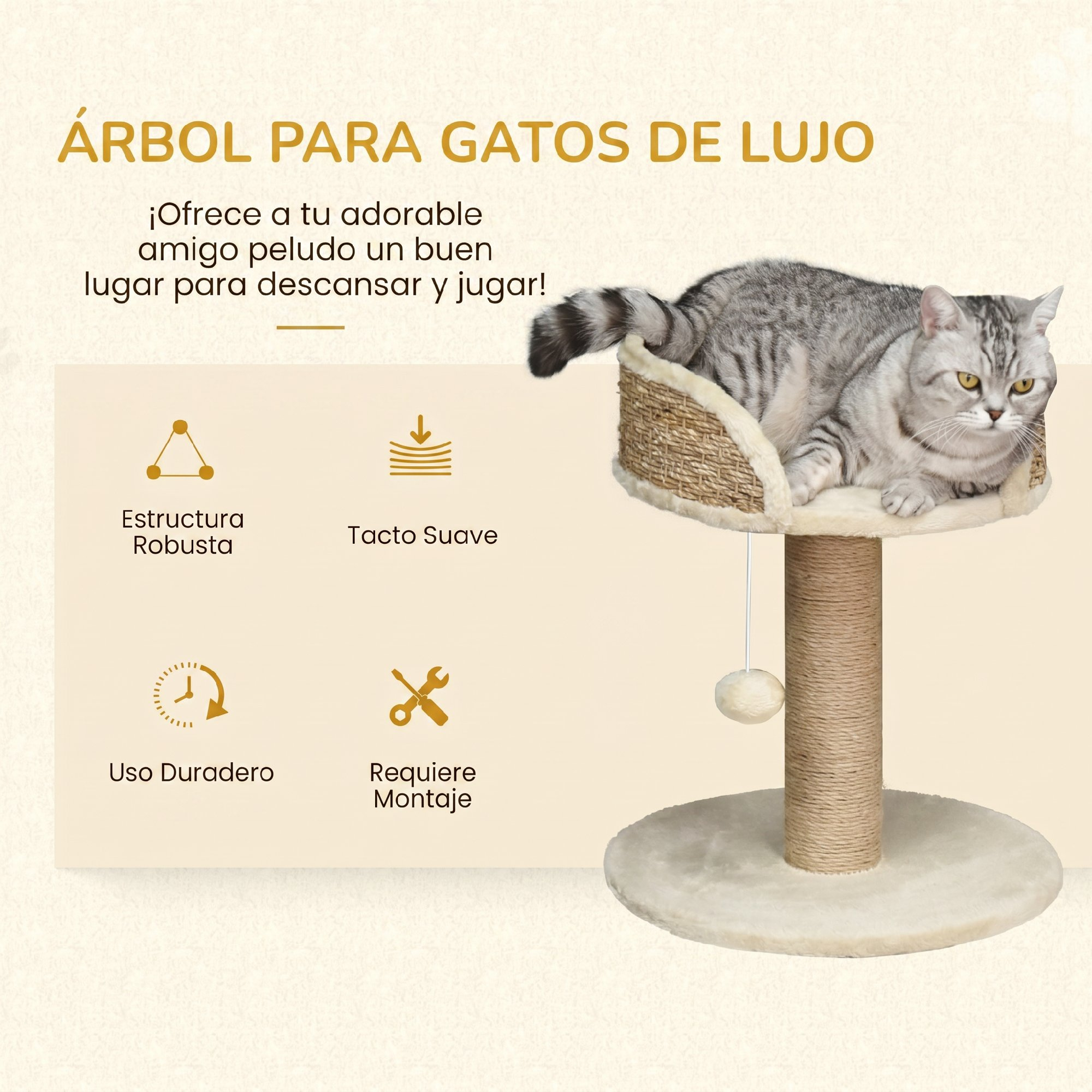 Gato gris atigrado descansando en un pequeño rascador con poste de sisal y juguete colgante.