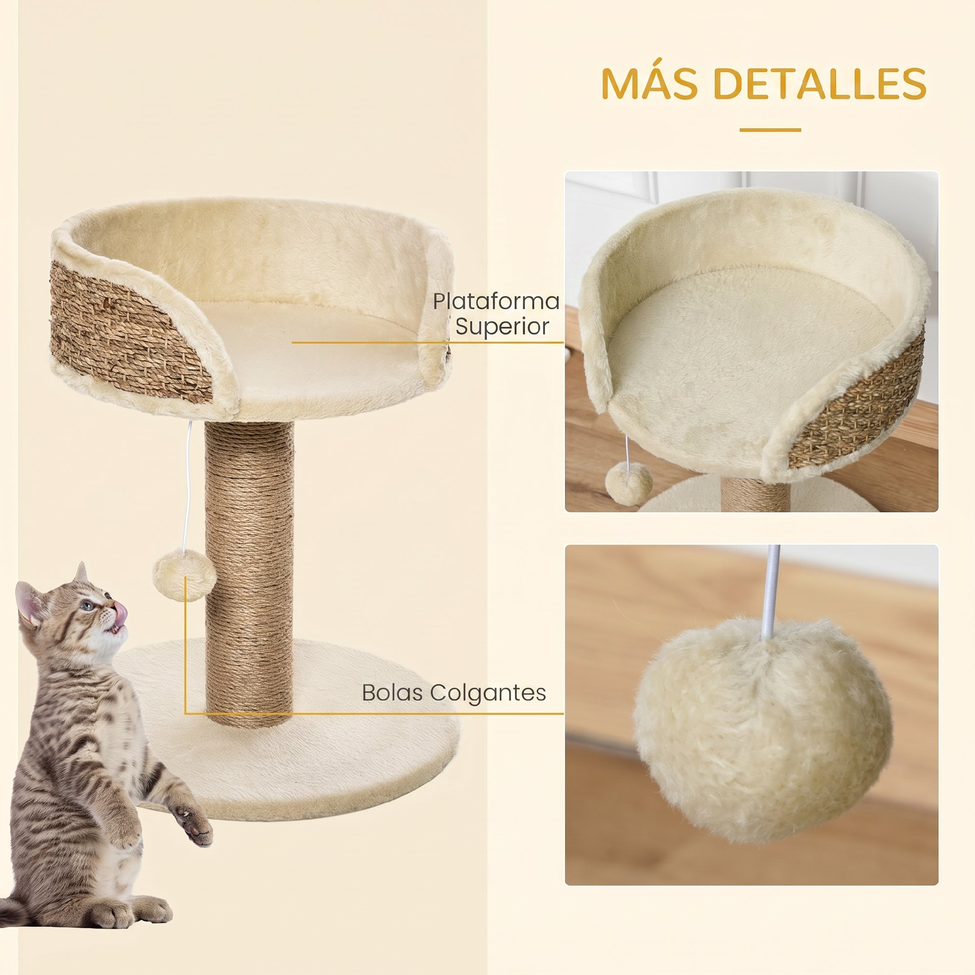 Un rascador para gatos con plataforma y bola colgante, junto a un gato.