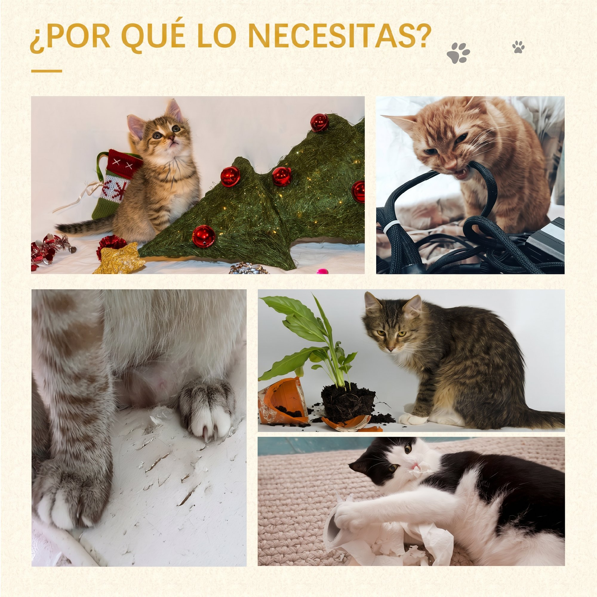 Un collage que muestra gatos portándose mal mordiendo cables, tirando un árbol de navidad, arañando muebles y haciendo líos.