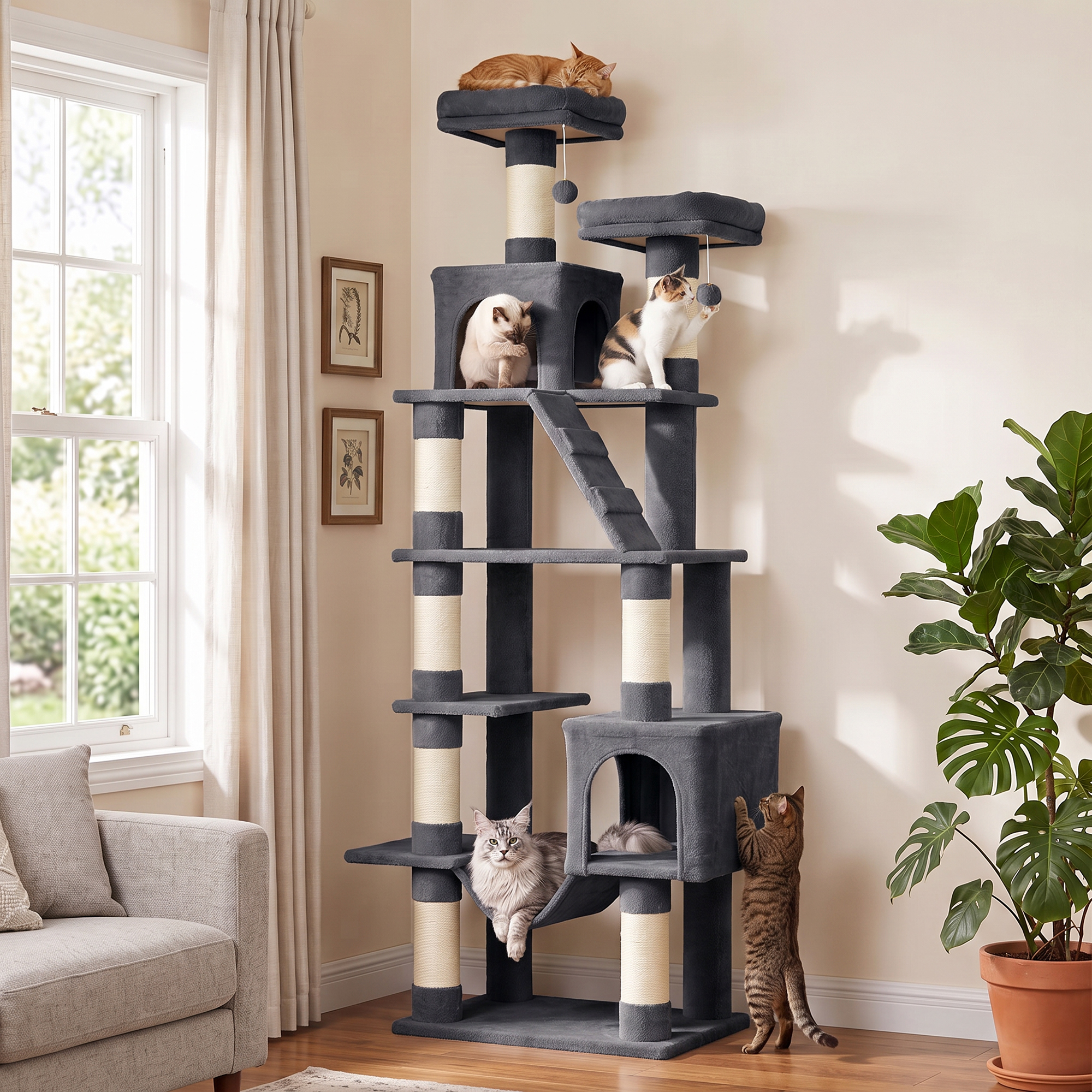 Varios gatos juegan y descansan en un gran árbol para gatos gris en una sala.
