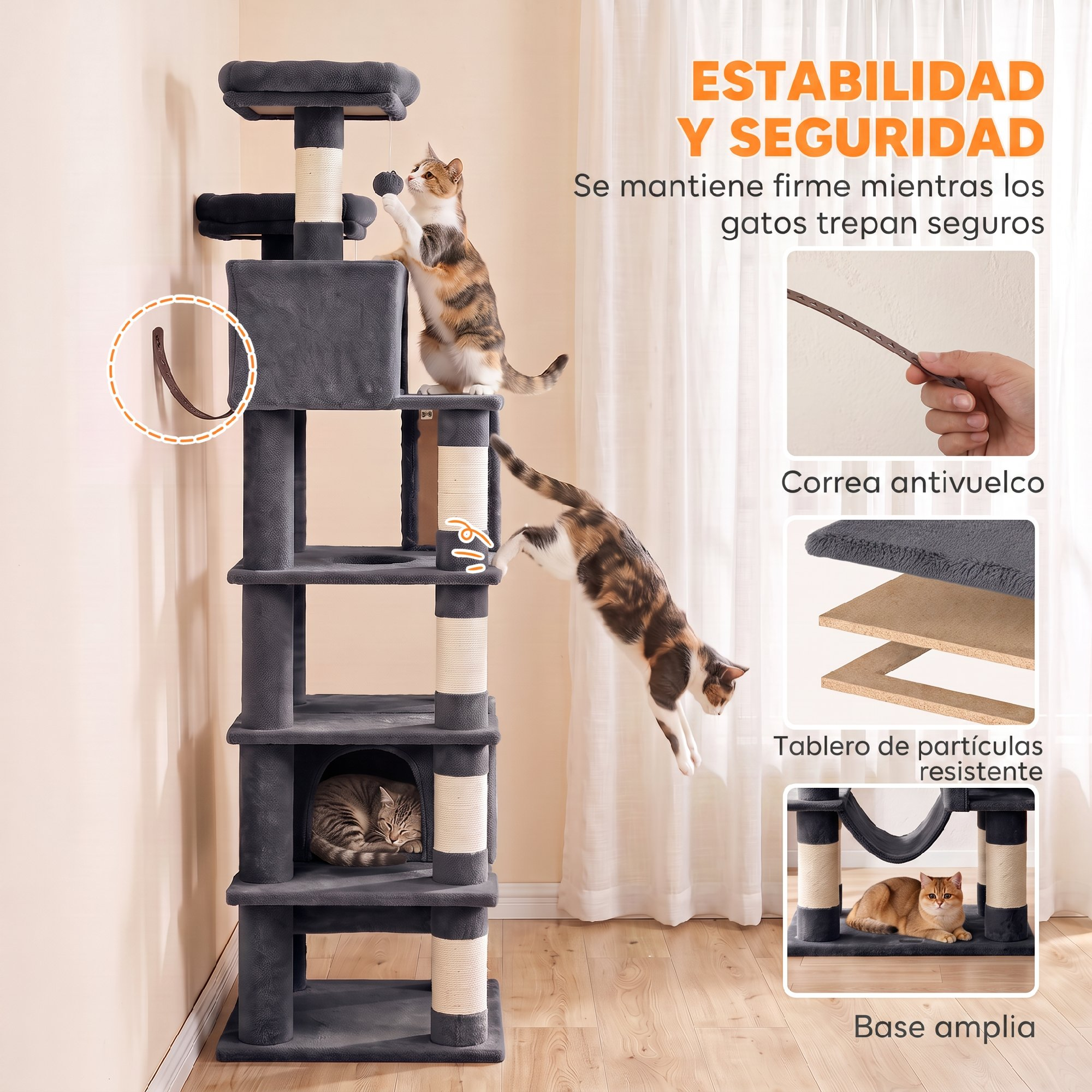 Árbol para gatos con tres gatos, correa antivuelco, tablero y base amplia.