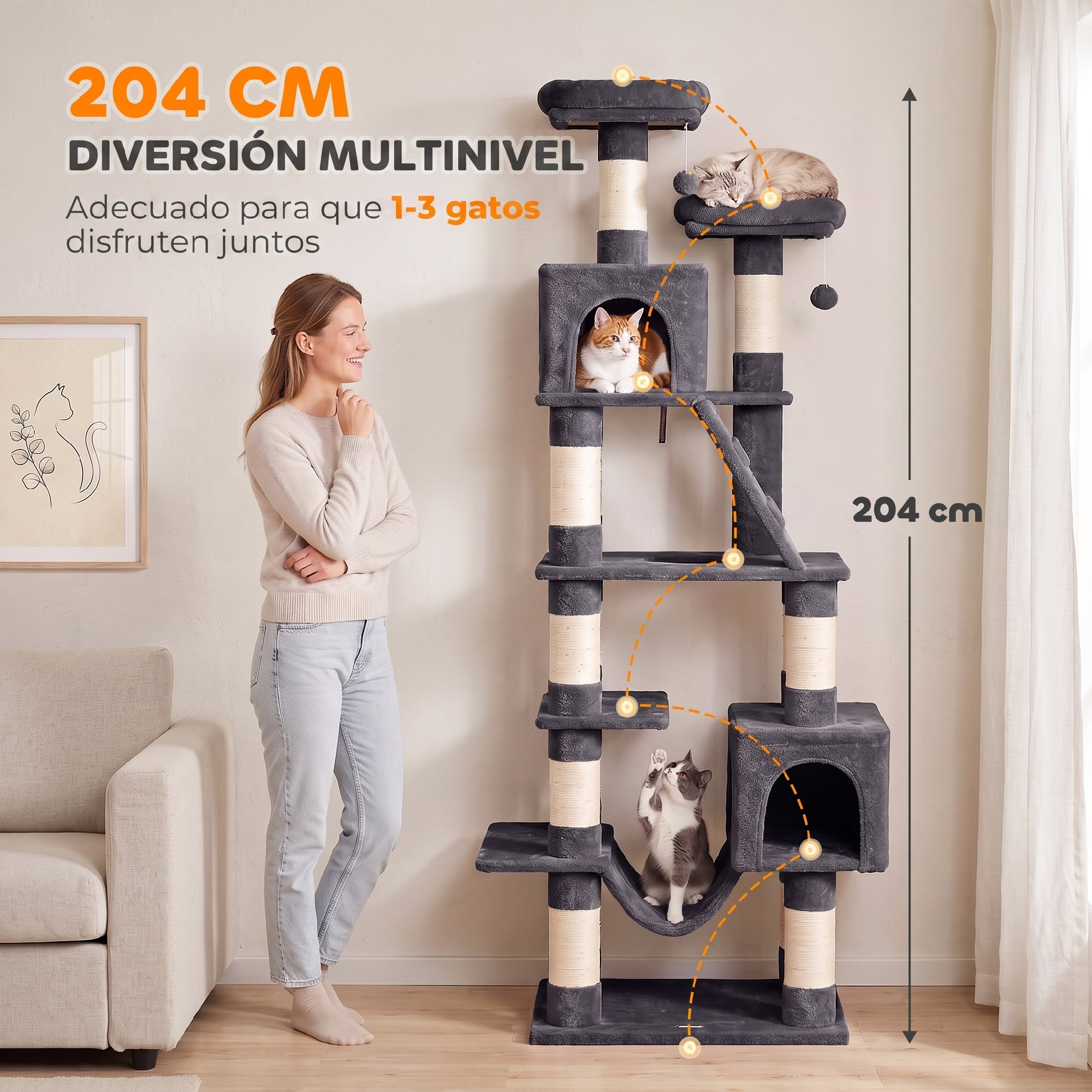 Una mujer mira un rascador para gatos gris de 204 cm de altura con tres gatos.