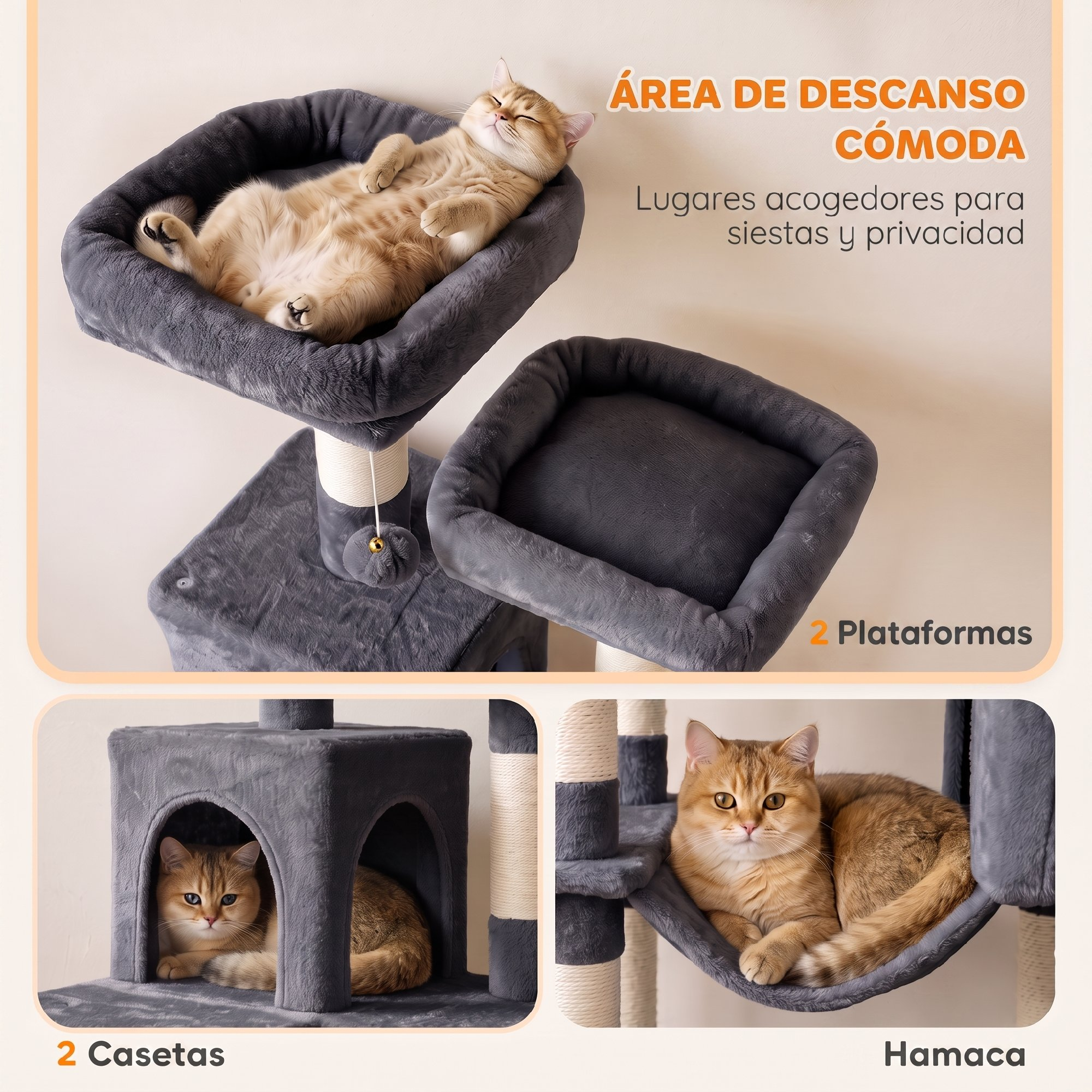 Un rascador gris para gatos con plataformas, casas, una hamaca y gatos.