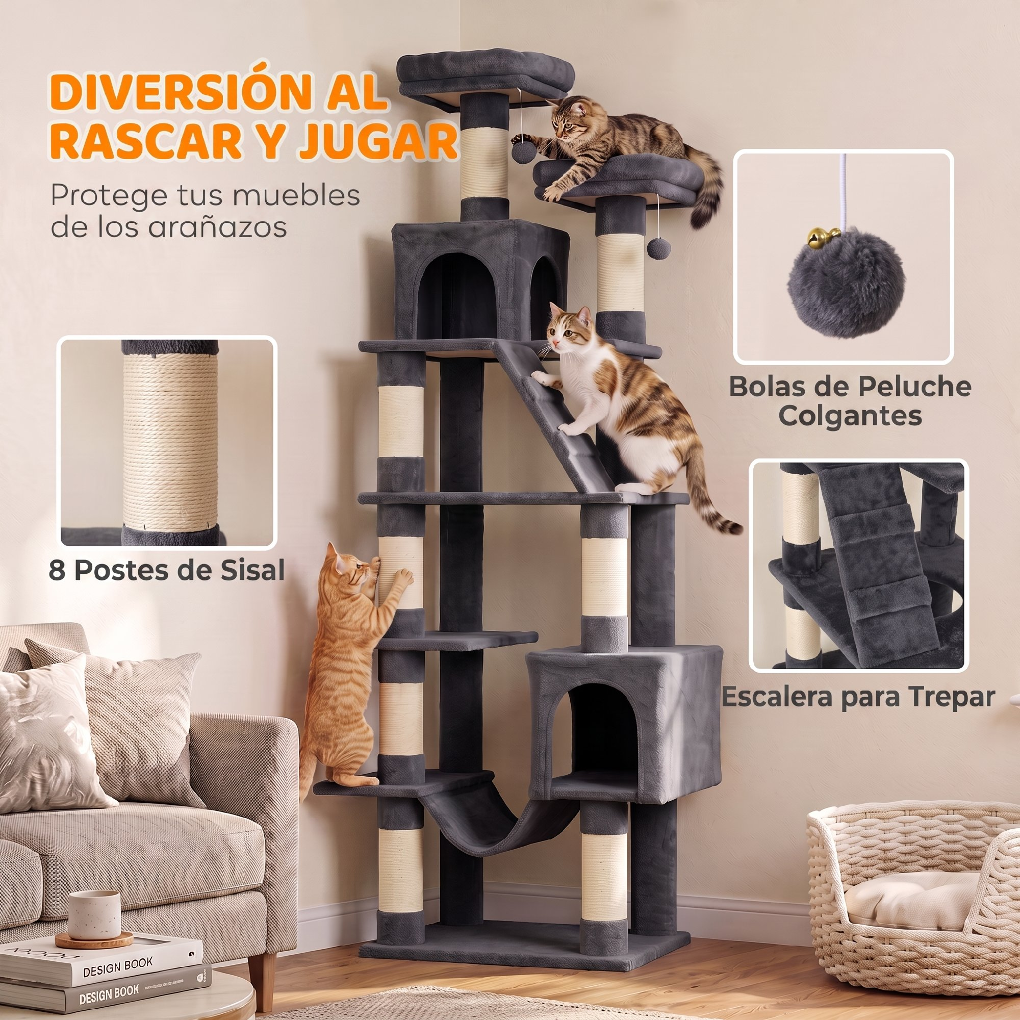 Tres gatos juegan en un rascador gris alto con postes de sisal y juguetes colgantes.