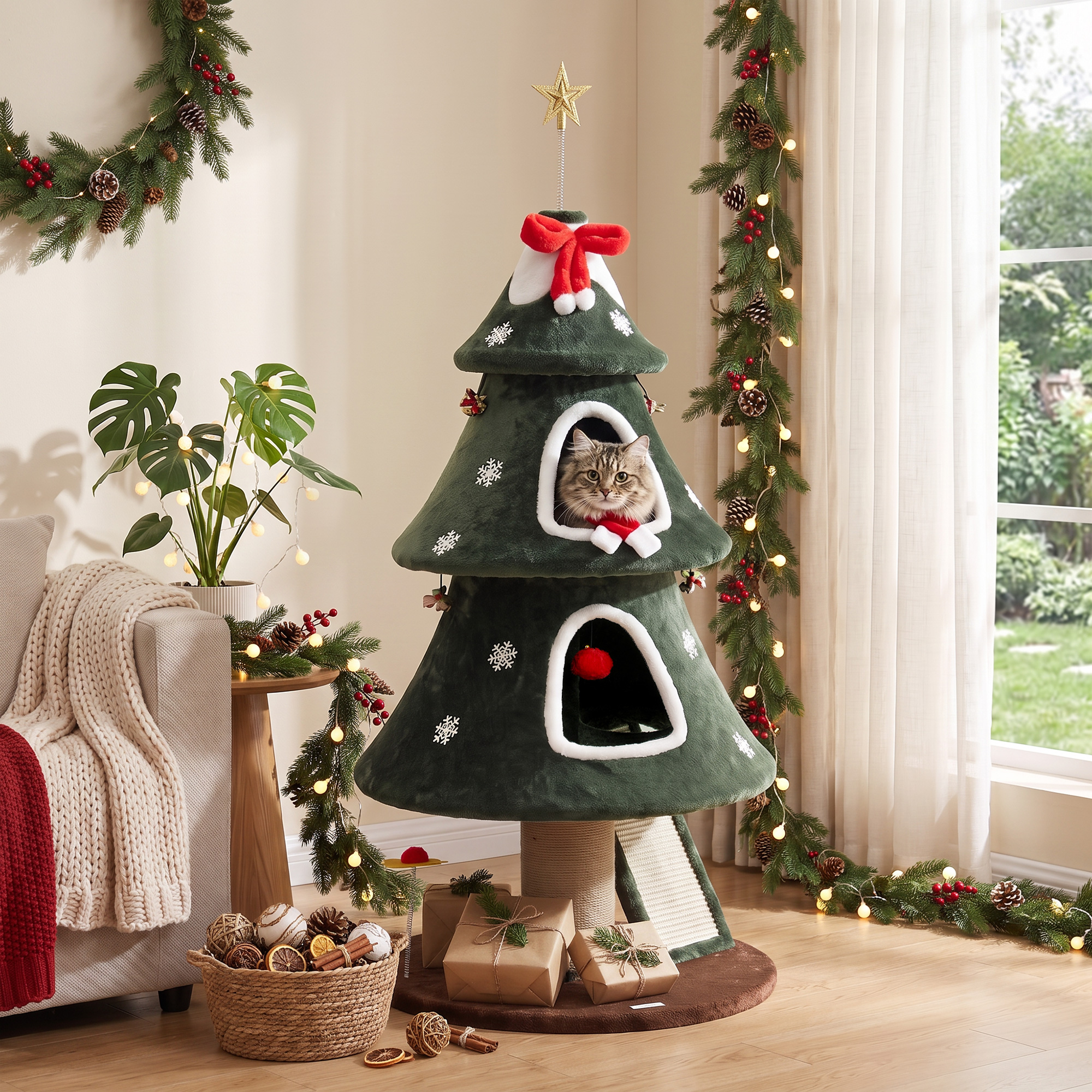 Un gato asoma desde un árbol de Navidad verde para gatos con adornos festivos, regalos y una planta cerca.