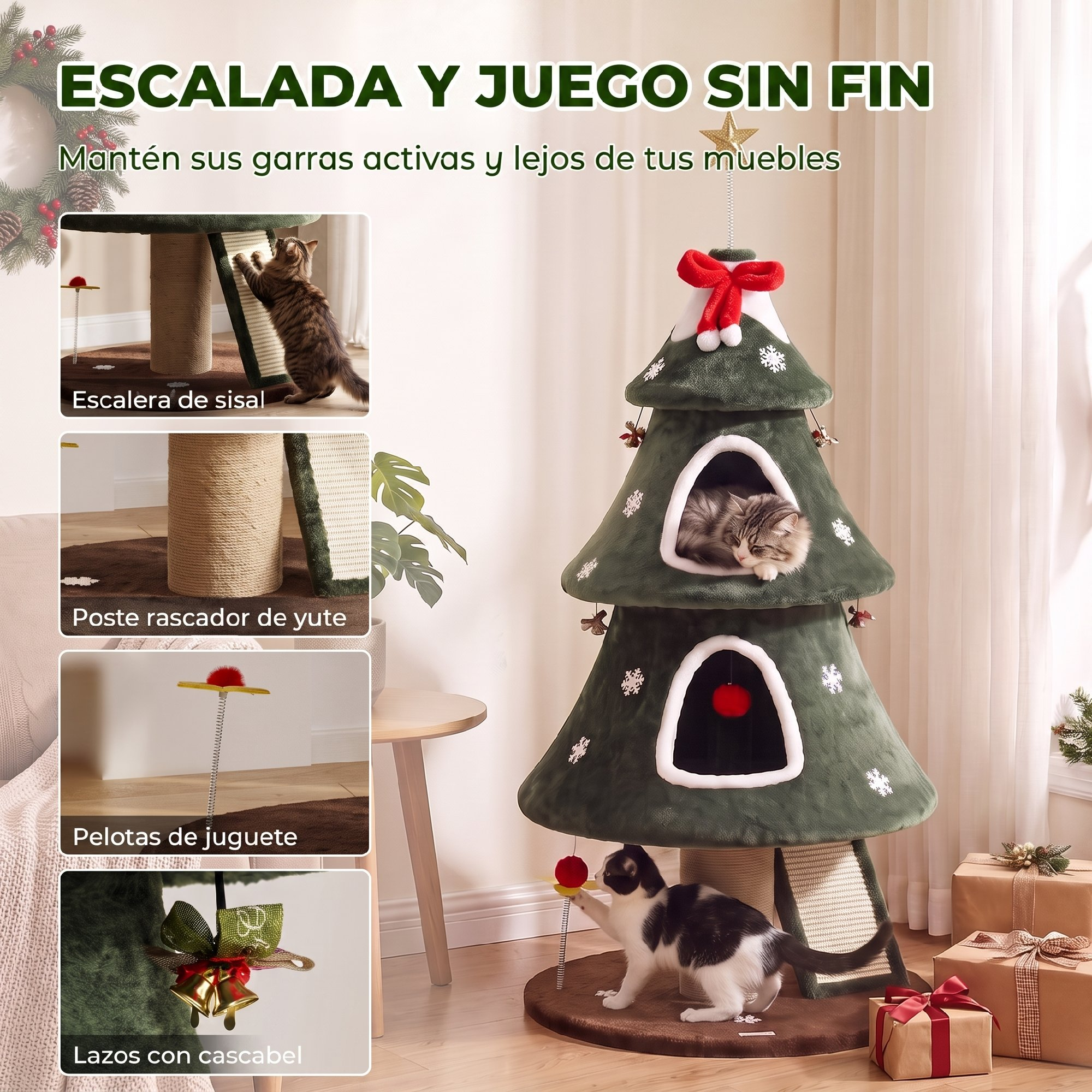 Un árbol para gatos con forma de árbol de Navidad con postes rascadores, juguetes y gatos jugando, rodeado de regalos.