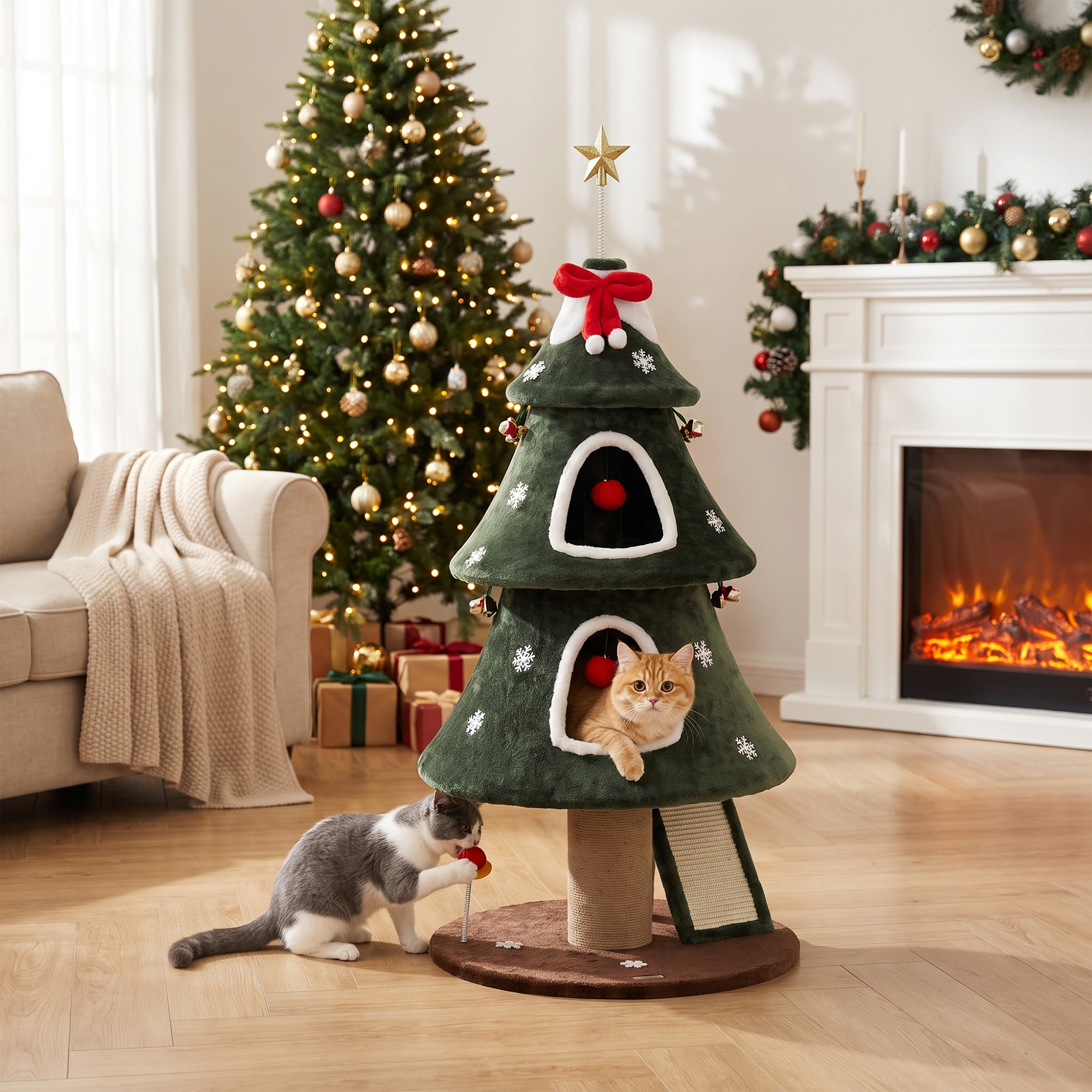 Dos gatos juegan cerca de un rascador en forma de árbol de Navidad en una sala acogedora.