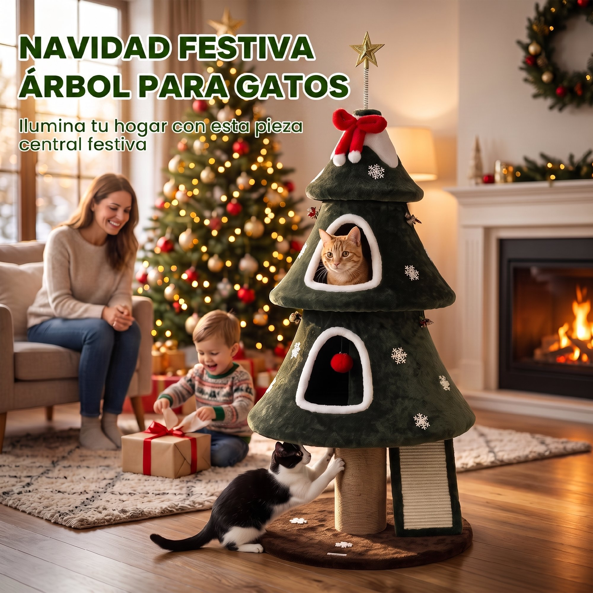 Un rascador en forma de árbol de Navidad con gatos, una mujer y un niño en una sala con chimenea.
