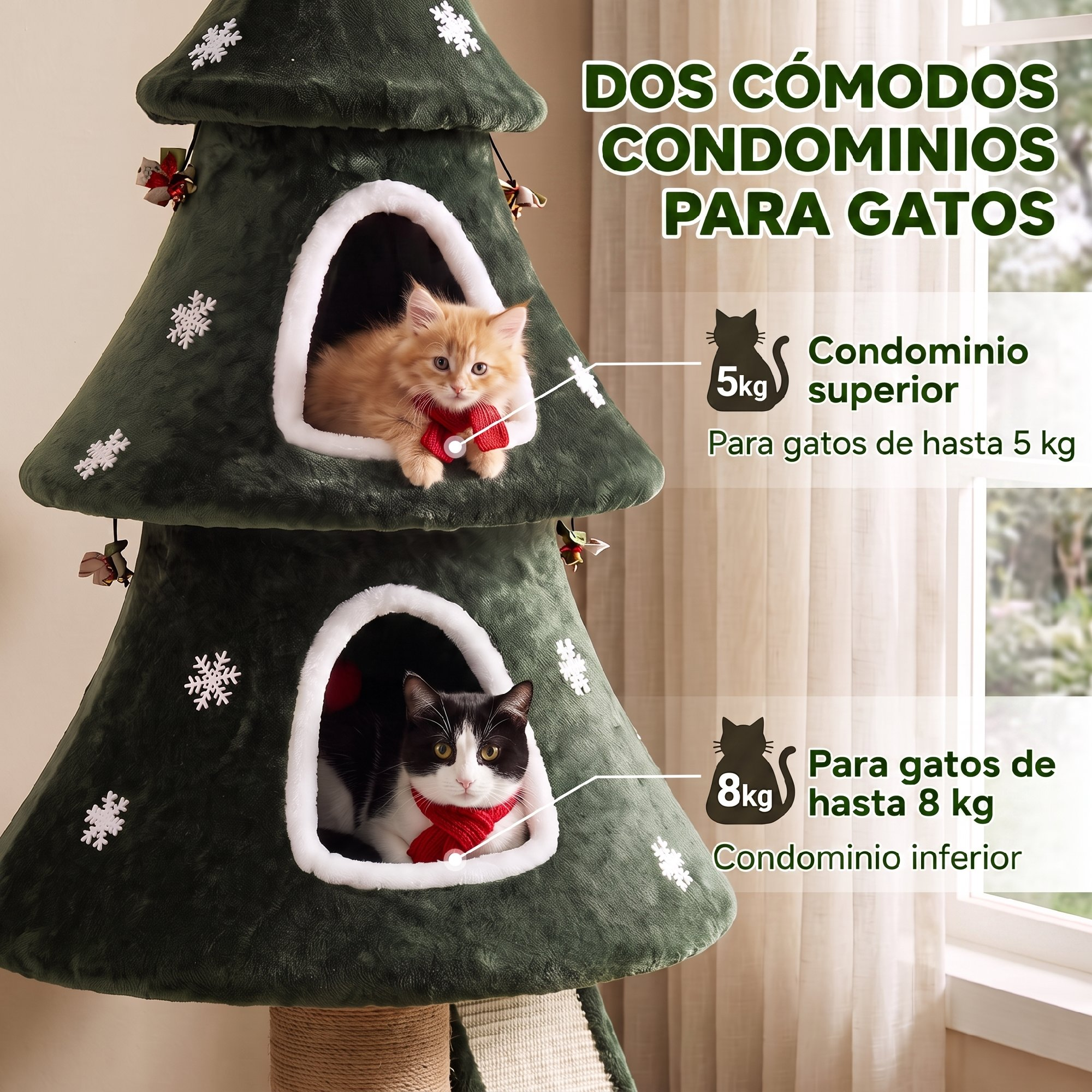 Un árbol de Navidad para gatos de dos niveles, con un gatito naranja arriba y un gato blanco y negro abajo.