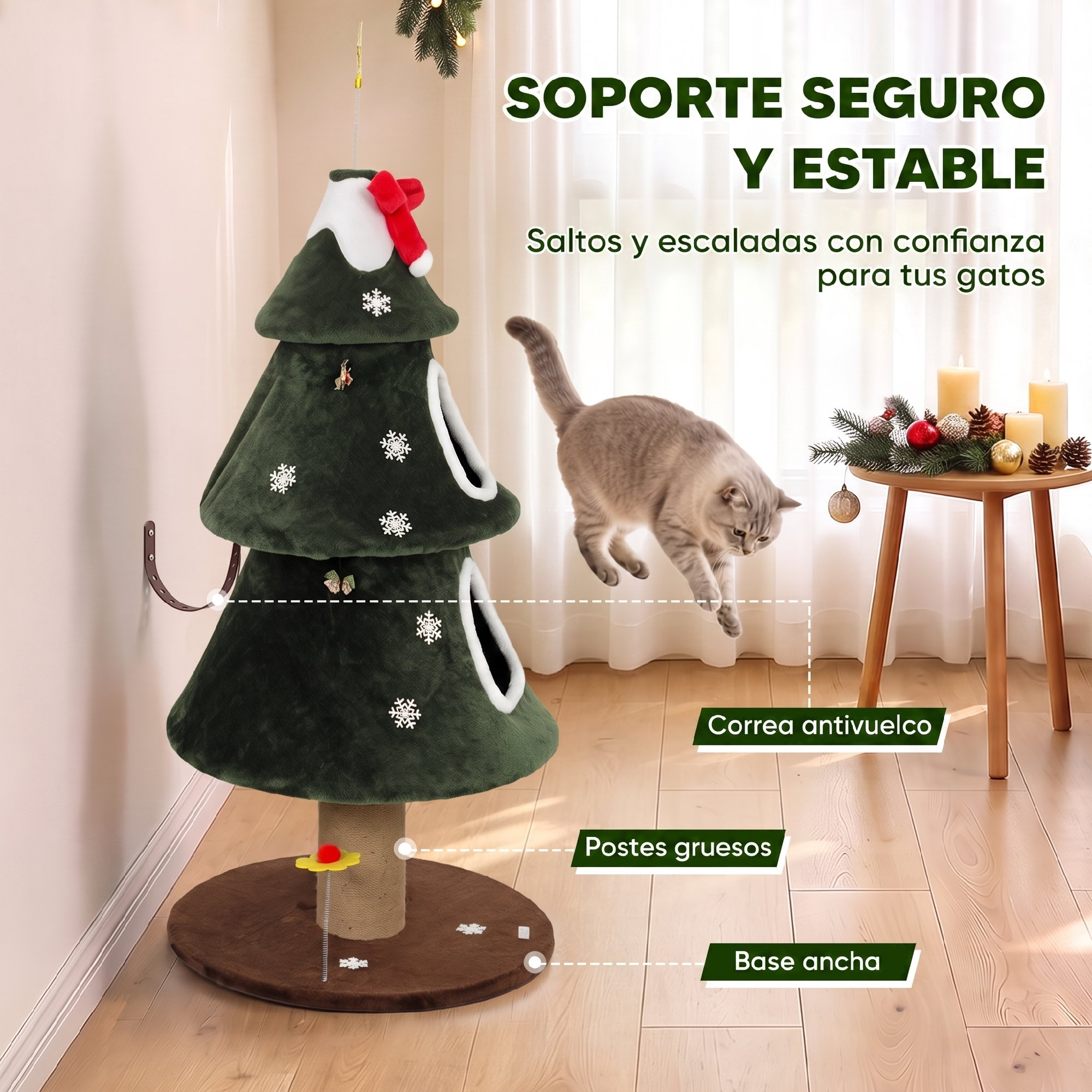 Un gato salta cerca de un rascador con forma de árbol de Navidad y etiquetas de texto.