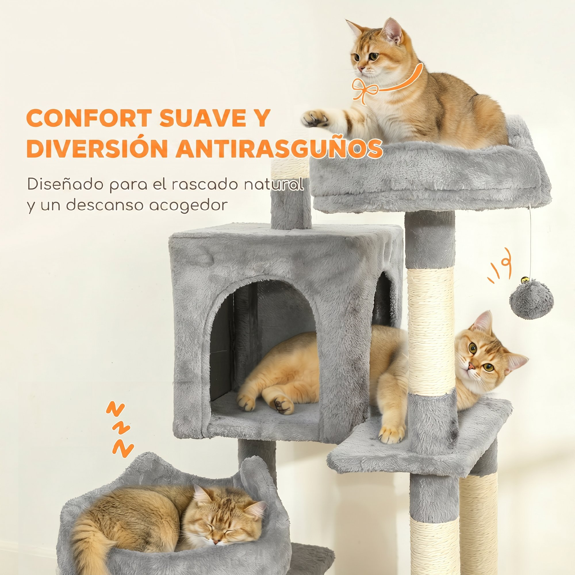 Tres gatos en un rascador gris de felpa con postes, una cueva y un juguete colgante.
