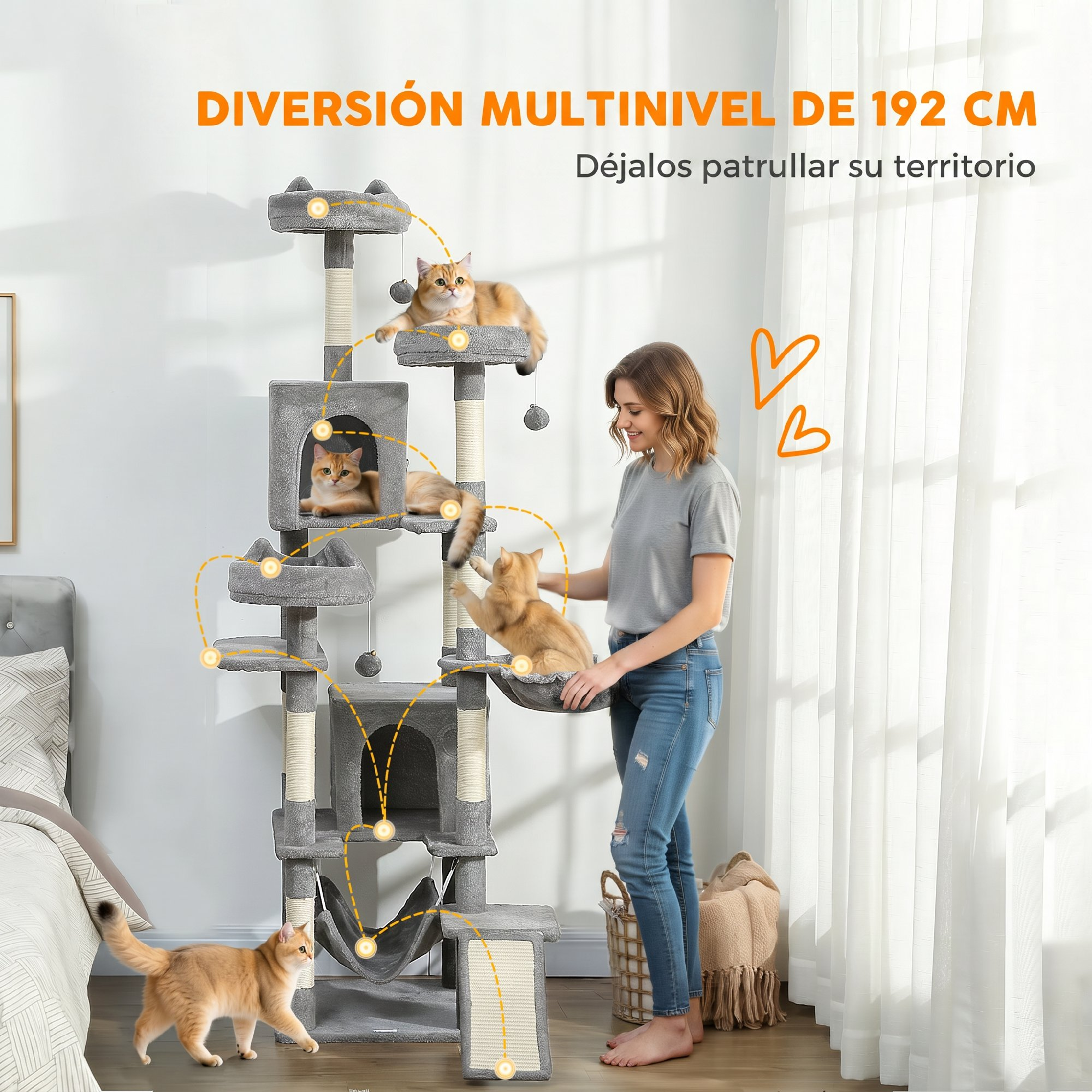 Una mujer está al lado de un árbol para gatos gris con varios niveles donde cuatro gatos naranjas juegan.