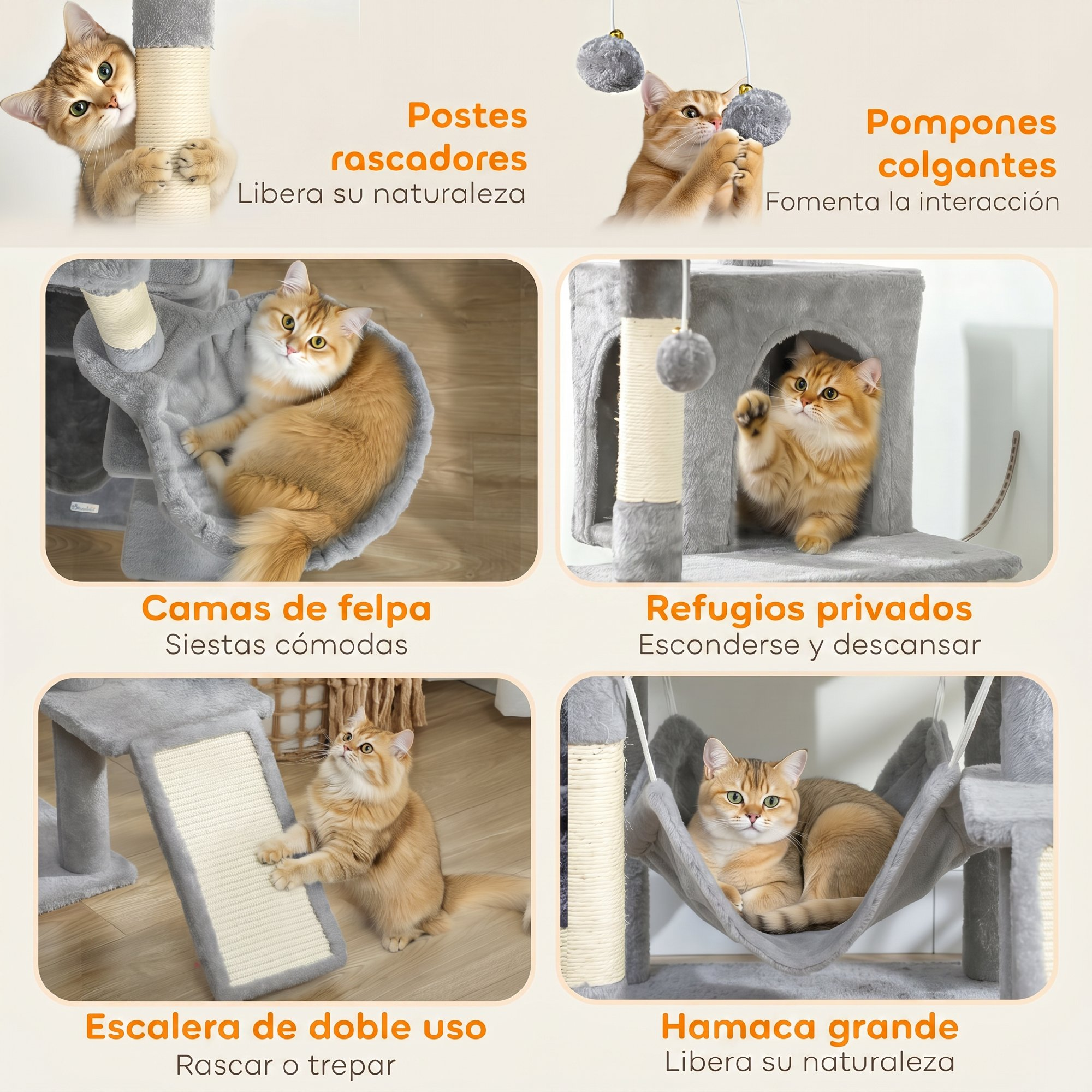 Un collage que muestra a un gato naranja usando varias características de un árbol para gatos gris.