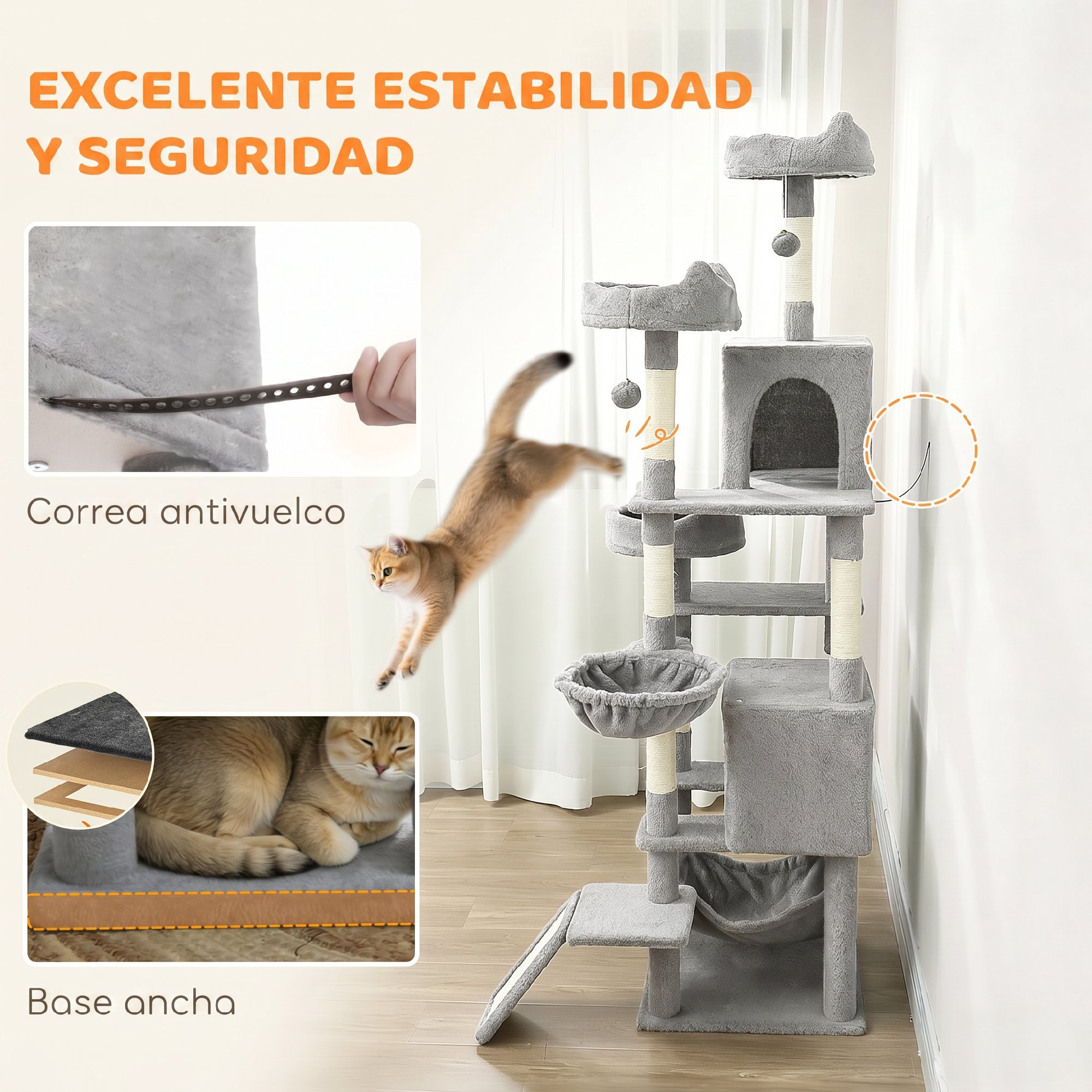 Árbol para gatos gris con gato saltando, correa antivuelco y detalles de base ancha.