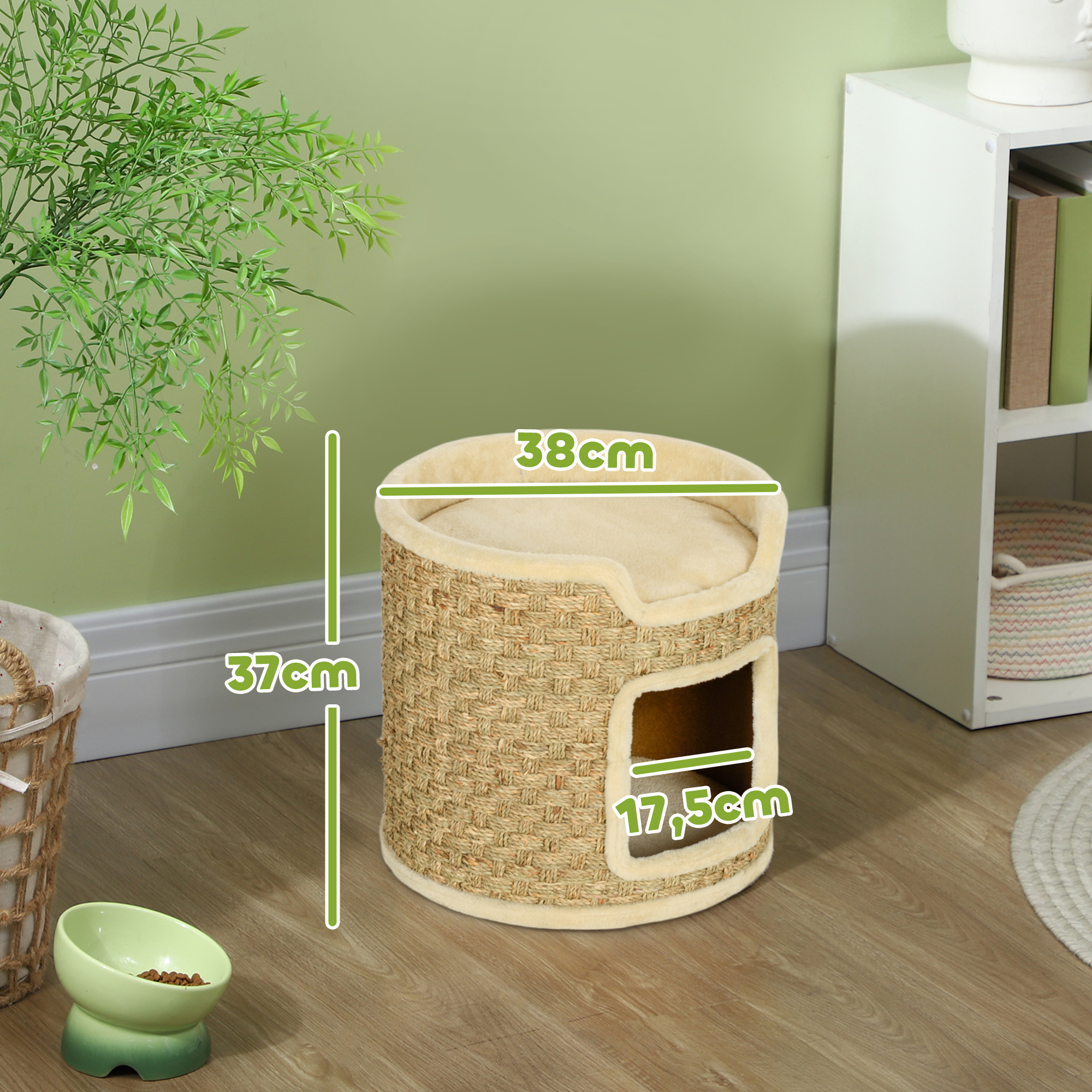 Casa para gatos redonda de mimbre con cojín, dimensiones: 38cm de diámetro, 37cm de altura, entrada 17,5cm.
