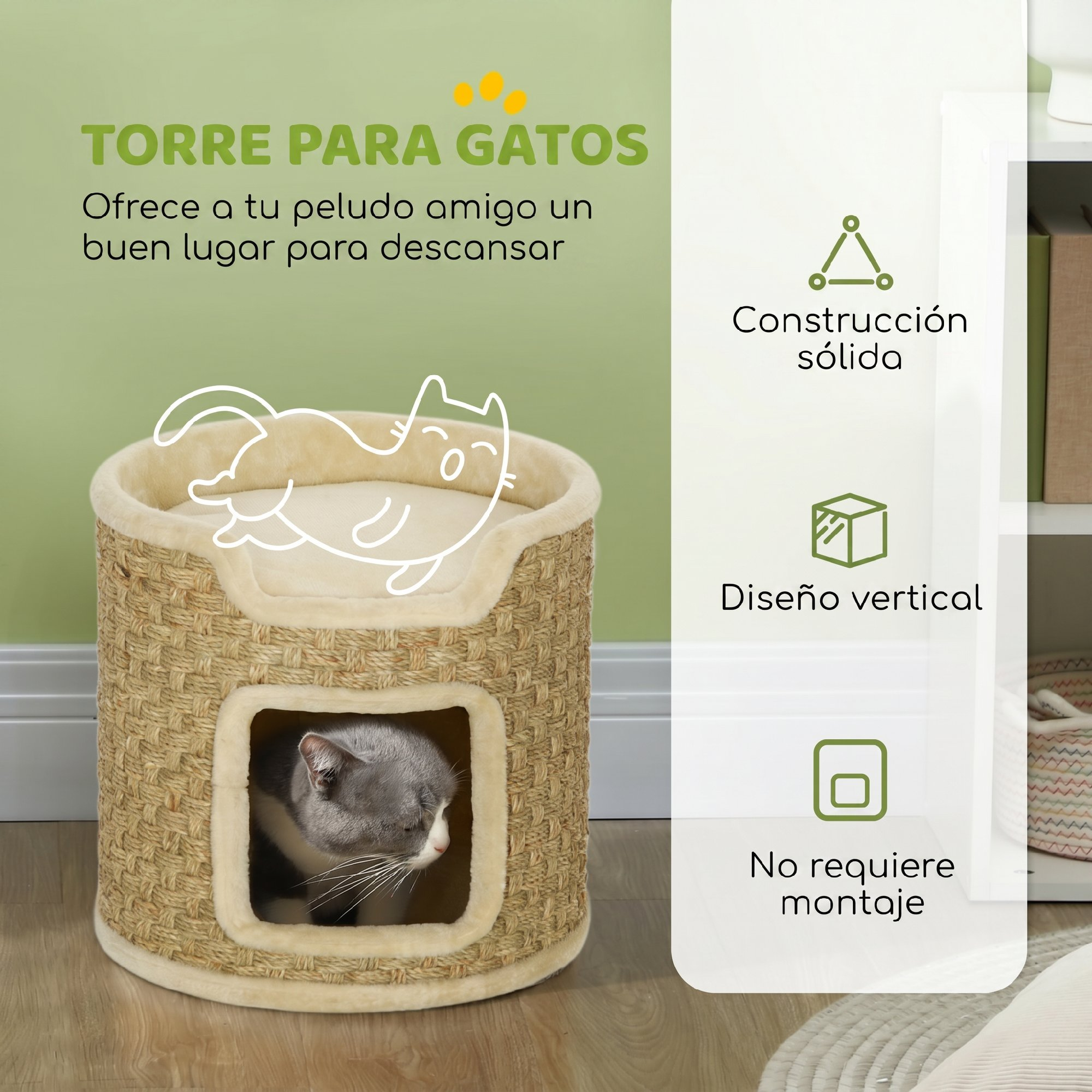 Torre para gatos de mimbre tejido con cojín suave y un gato dentro.