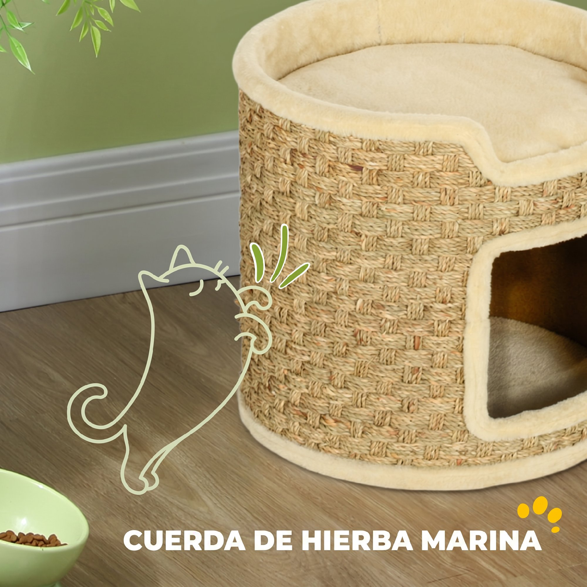 Casa para gatos redonda de hierba marina con cojines de felpa y un gráfico de un gato arañándola.