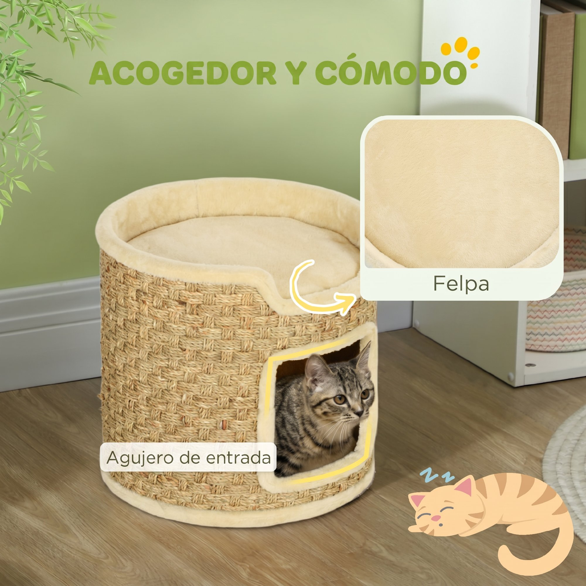 Casa para gatos de ratán tejido con un cojín suave y un gato dentro.