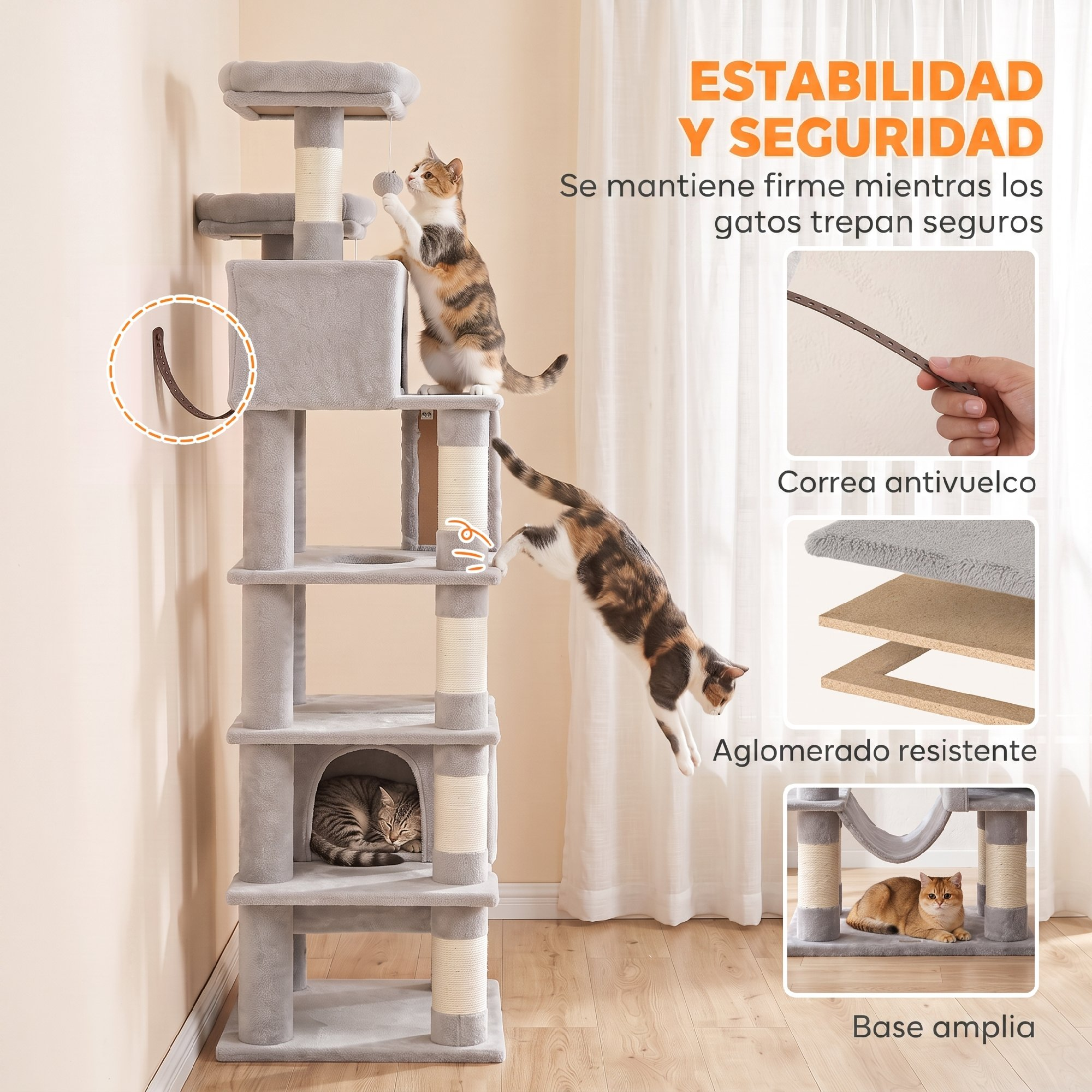 Un rascador gris para gatos de varios niveles con gatos jugando y descansando, destacando su correa antivuelco.