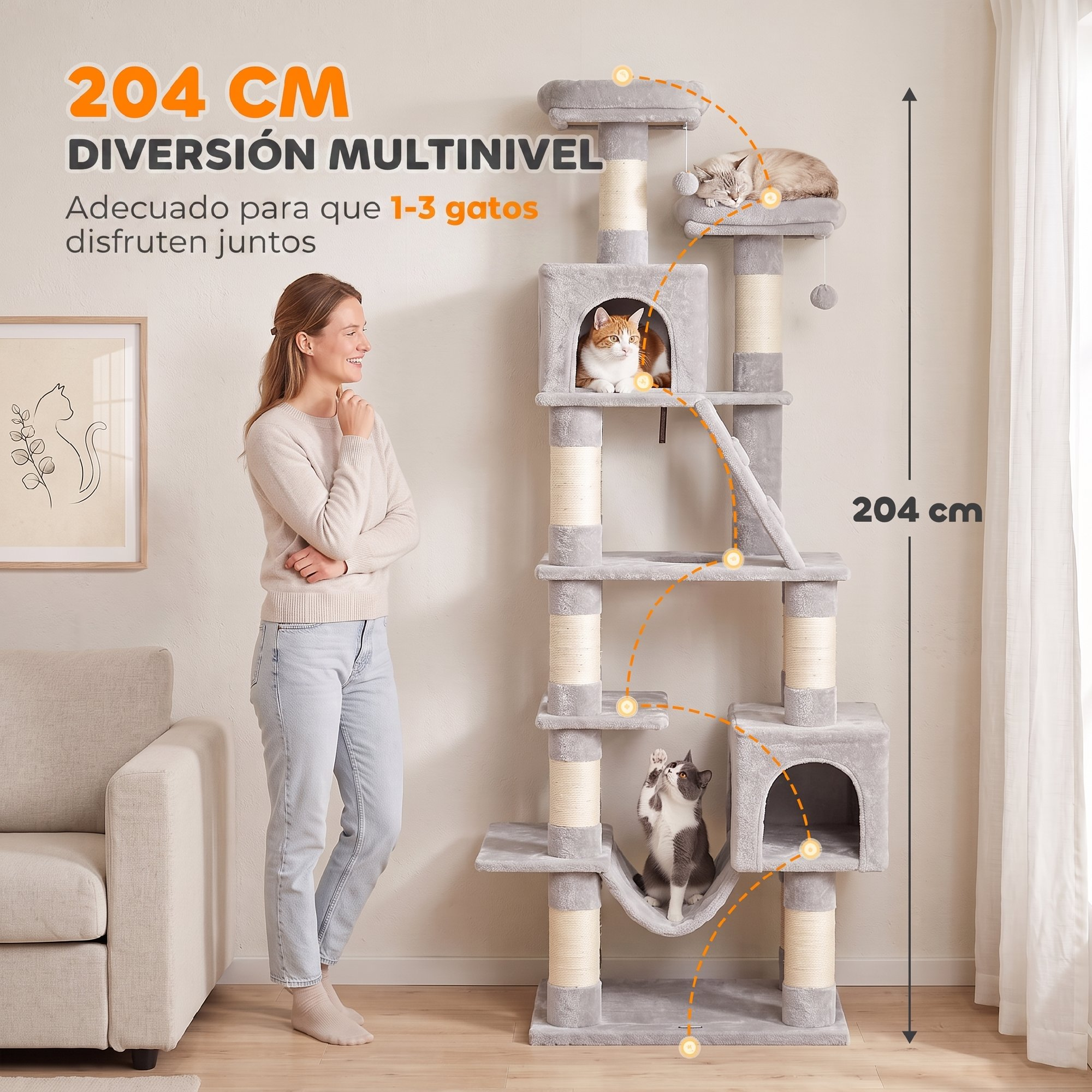 Una mujer mira un árbol para gatos alto y gris con tres gatos en él.