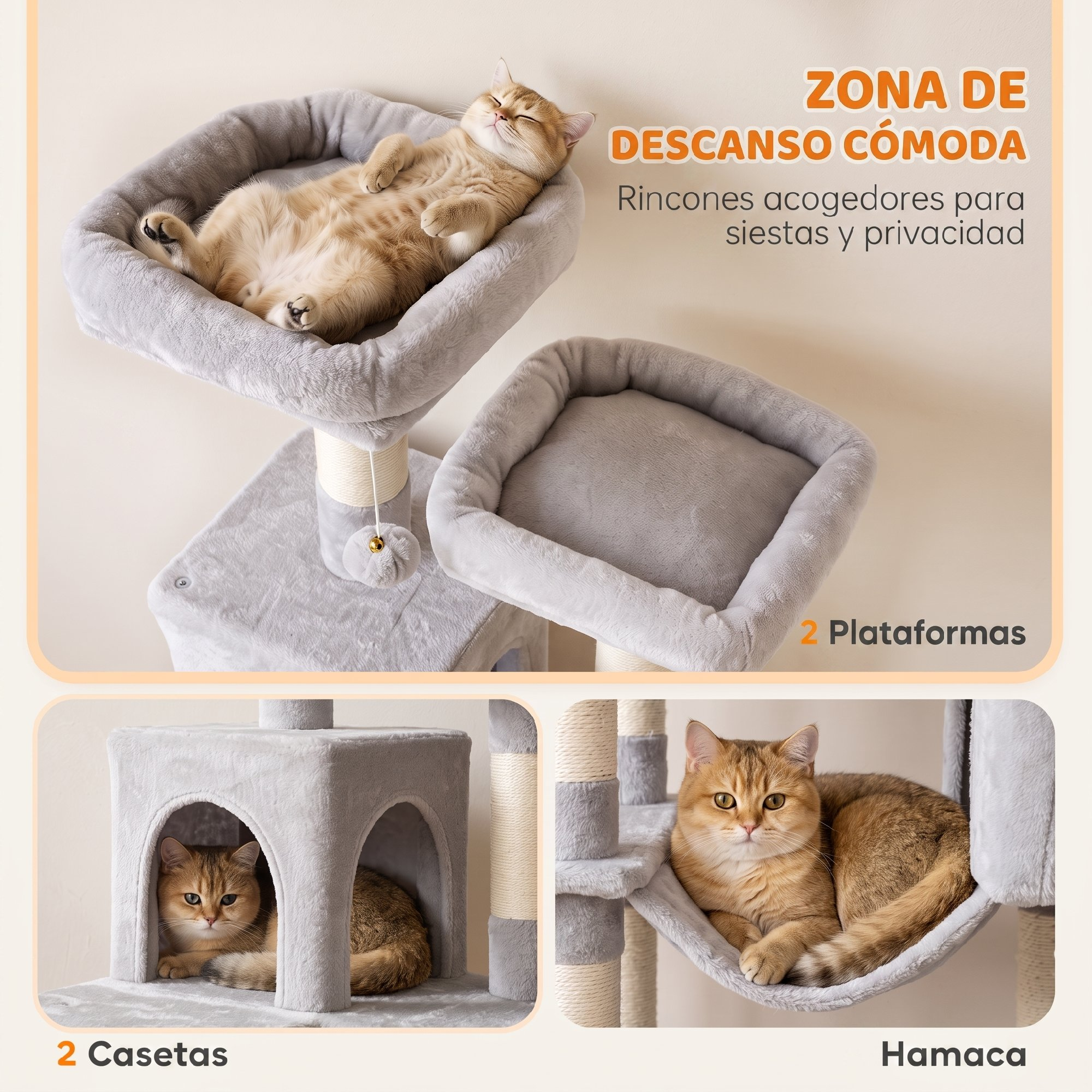 Un gato beige relajándose en un rascador gris de varios niveles con plataformas, una caseta y una hamaca.