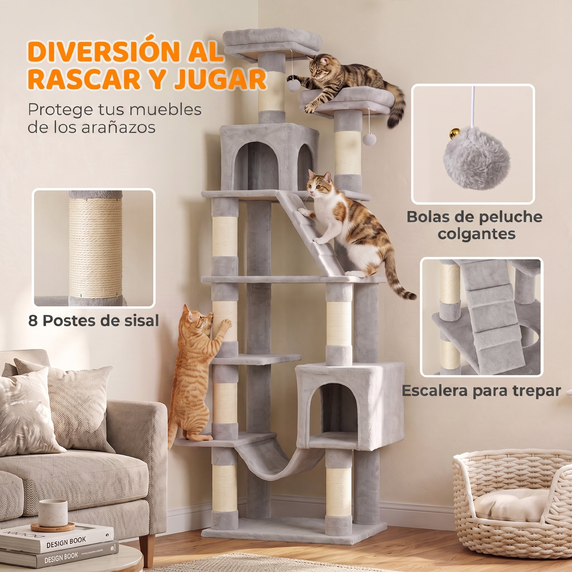 Un gran rascador gris y beige para gatos con tres gatos jugando, postes de sisal y bolas de peluche.