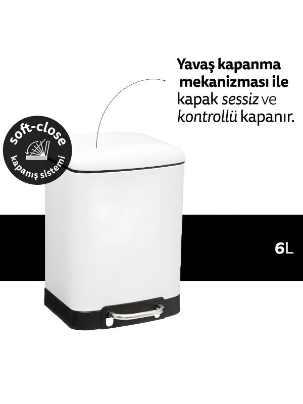 Yavaş kapanma mekanizmalı ve gümüş pedallı, siyah arka plan üzerinde beyaz 6L çöp kovası.