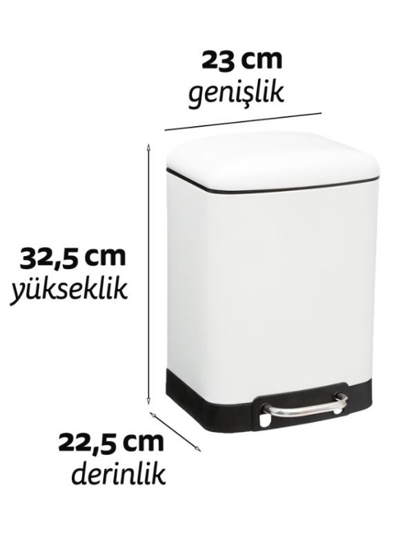 23 cm genişlik, 32,5 cm yükseklik ve 22,5 cm derinlik ölçülerine sahip beyaz pedal çöp kutusu.